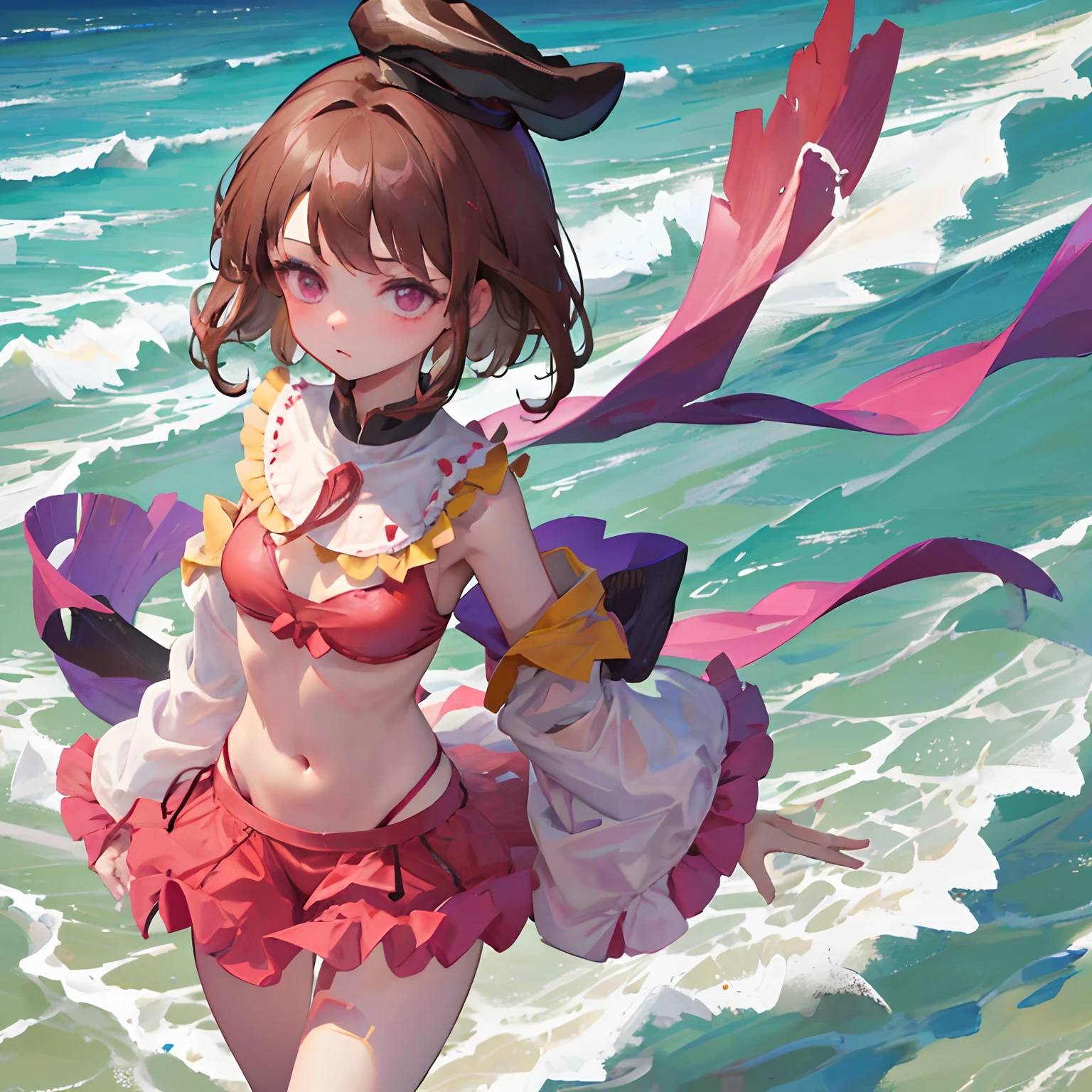 ​masterpiece, top-quality, 1girl in,Elzhda Rina, Brown-haired side hair、Semi-short back hair、a purple eye、Bird hat、Bikini with crimson ruffles、A sexy、Sea and sandy beach background、the whole body is wet