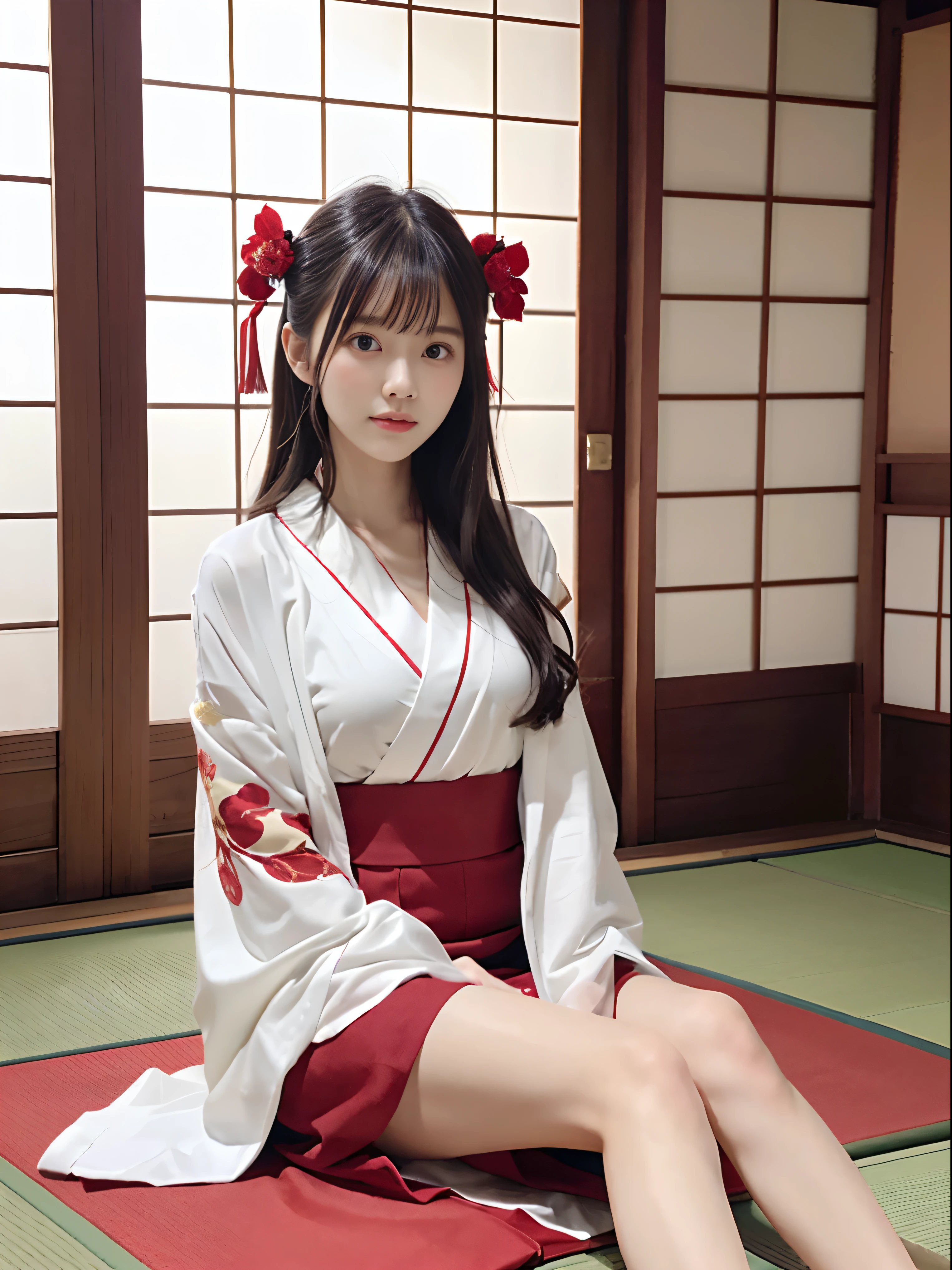 (One naked slender very small breasted girl has long hair with dull bangs in Japanese shrine maiden outfit:1.5)、(One naked slender very small breast girl sitting in Japanese style room、Take off a white kimono and scarlet long skirt :1.5)、(White kimono and scarlet long skirt:1.3)、(Perfect Anatomy:1.3)、(No mask:1.3)、(complete fingers:1.3)、Photorealsitic、Raw photography、masutepiece、top-quality、High resolution、delicate and pretty、face perfect、Beautiful detailed eyes、Fair skin、Real Human Skin、pores、((thin legs))、(Dark hair)