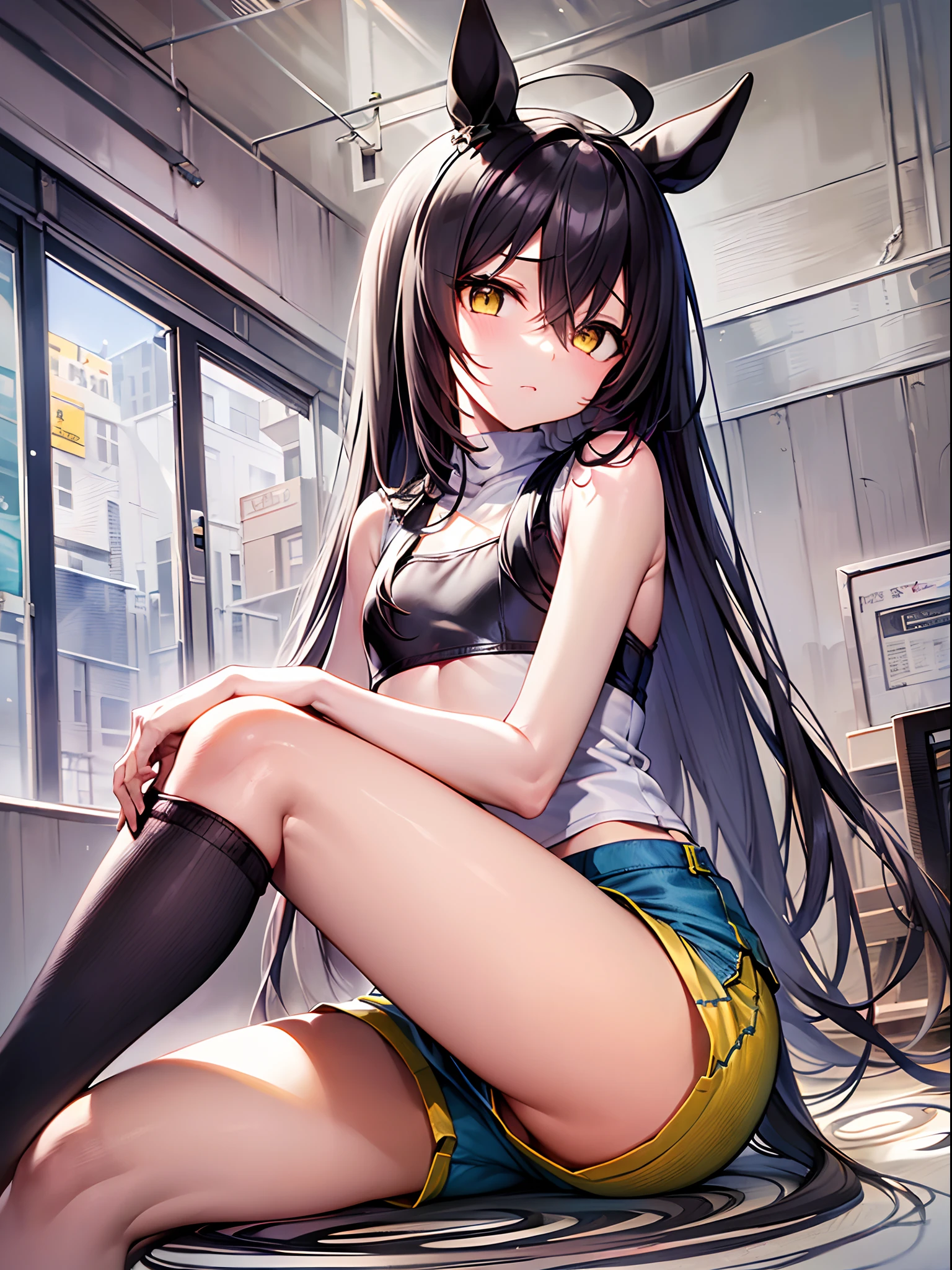 ((​masterpiece))、top-quality、manhattan-cafe(Umamusume)、(1girl in、独奏)、(horse ear、Horse tail、Horse Girl)、White ahoge, (Long Black Hair)、long black bangs passing between the eyes,,,,,、yellow  eyes、(((flat chest)))、((((Sleeveless))))、((((hotpants))))、(((Physical education sitting、sitting with knees arised)))、Rat groove、thighs thighs thighs thighs、s ass、((frontage、Angle from below))、