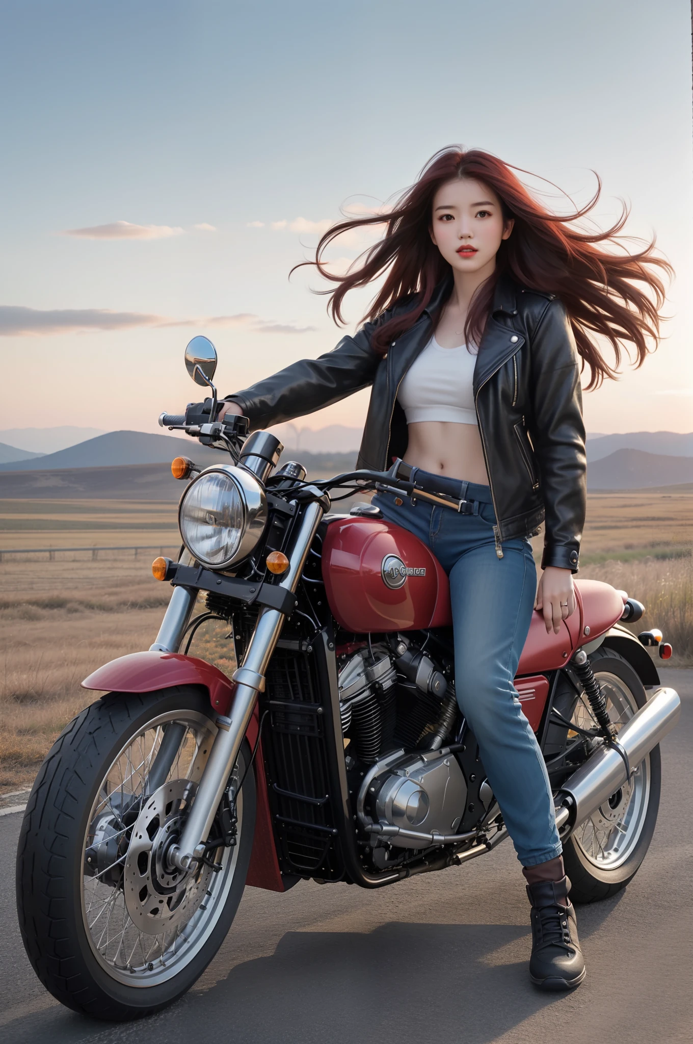 Woman riding a classic bike, Beautuful Women，Red long hair, full scene shot, Best Quality, Evening glow, Steppe road, blows wind,look up sky， Beautuful Women, Outdoor Scene, dark red hair, Natural view, rot，leather jackets, Navel Ejection, tight pants，Highly detailed facial and skin texture, Detailed eyes, 二重まぶた, Full body, 20-year-old female model, Octane Render,Two-tone lighting,Wide aperture,Low ISO,White Balance, Driving a classic motorcycle, landscape