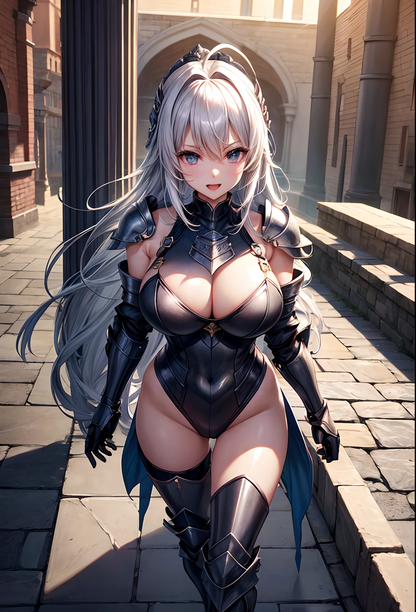 Woman knight、a beauty girl、huge tit、Excellent style、Nice Buddy、glamorous、leotard、s Armor、Shoulder rest armor、Bra chest armor、knee boots、gauntlets、hair adornments、silber hair、Longhaire、Ahoge、is standing、full body seen 、in a castle、Walking、slightly open mouth、a smile