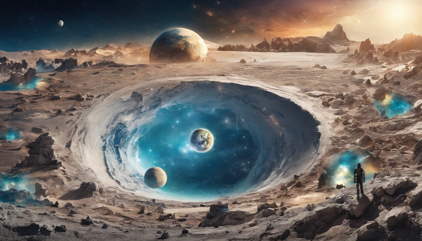 masterpiece,top-quality,hight resolution,.Detailed lunar surface,On the ground of the moon,One girl on the moon,(A large and beautiful earth that emerges in detail:1.4),ultra-detailliert,Blue Earth,weightless,distortion,The Looming Earth,Between the other world and this world,The Great Explosion of the Galaxy,((((conflict)))),(((destruction)))