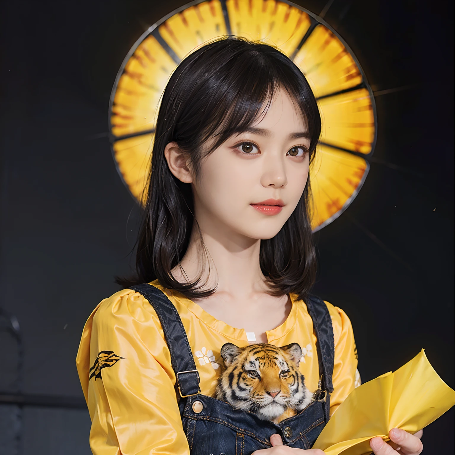 ((1womanl)),  (((Black shorthair))), （masuter piece：1,3）、top-quality、​masterpiece、hight resolution、Original、highly detailed wallpaper、jeans、Large ribbon, (A slight smil)、a small face、((Chest chest))、(Tiger Print T-Shirt)、(Yellow and black clothes)、(Light on Face)、Live-action style, Beautiful facial features, darkened room, Gunman Shot