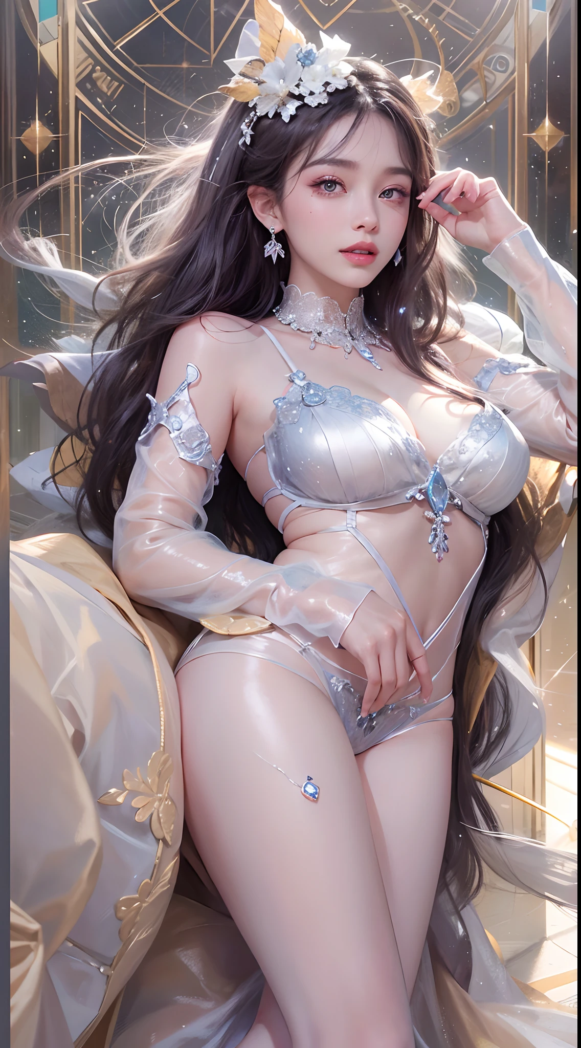 1girll,(enchanced quality:1.4),(Top quality true texture skin), Delicate face,Black hair, Gradient hair, Petite body,(perfect bodies:1.1), There are precious stones on the forehead, rimless eyewears, Sparkling pupils,long eyelasher,grin, hyper photorealism, Cinematic lighting, projected inset, surrealism, hyper HD, Masterpiece, 16k,Lie down,dream on,Wear transparent silk pajamas,Carmelto,Legs slightly open,Tattooed with,Fantasy space,Luxurious space