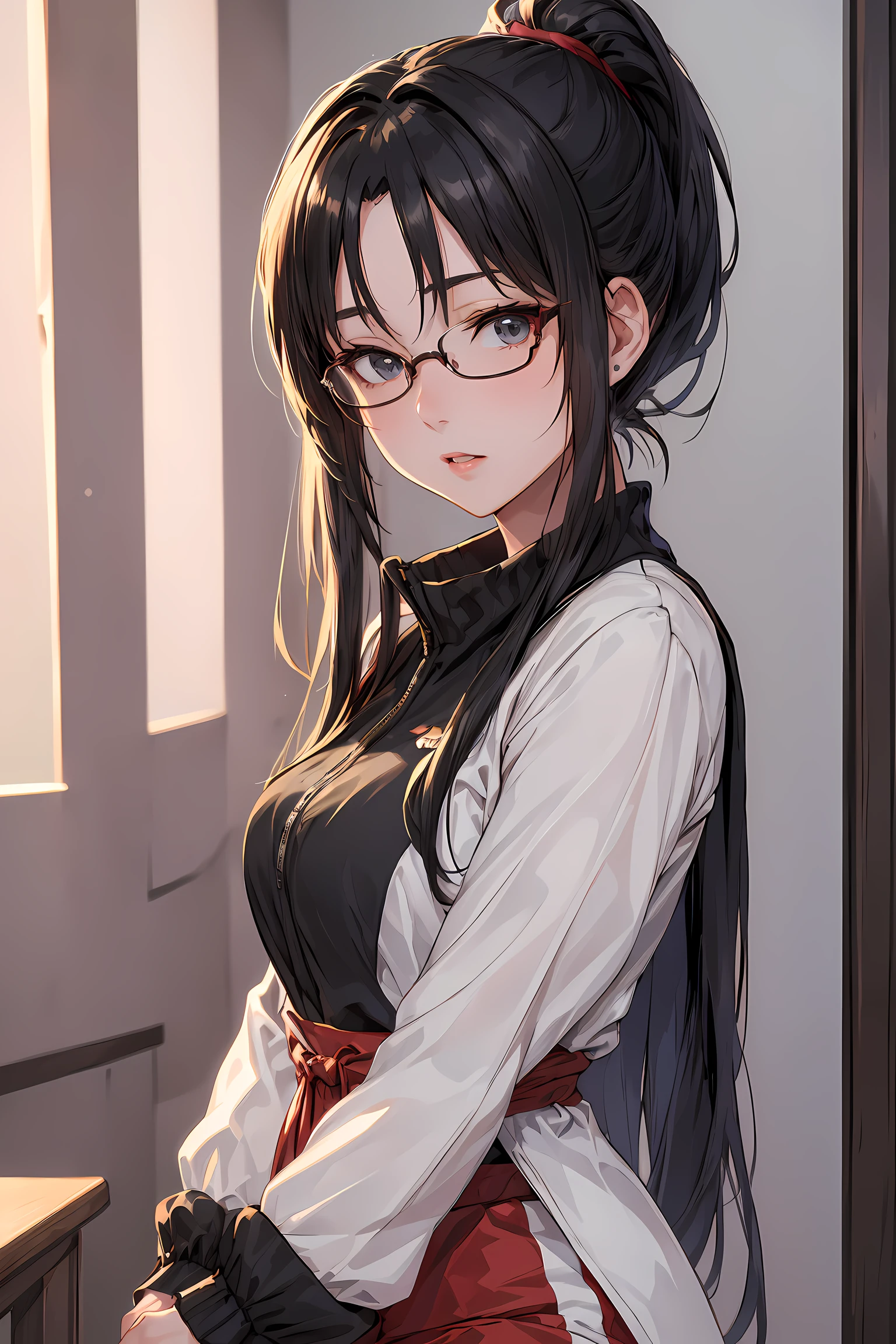 (1glasses girl:1.3, solo), (Audrey Hepburn:1.3), (a extremely pretty and beautiful Japanese woman), (sexy girl), (professional attire:1.3), (22 years old: 1.1), (from below:1.3), (low angle:1.3), (ground level shot:1.3), (girl on top:1.3), (arms behind back between legs:1.3), (attractive random posing:1.3), (in the queen's room:1.3), (look down:1.3), (starring at you:1.3), (front view:1.3), break, (ponytail:1.3), (shiny-black thin hair:1.2), bangs, dark brown eyes, beautiful eyes, princess eyes, (big eyes:1.3), bangs, wearing a glasses:1.3, Hair between eyes, short hair:1.3, (slender:1.1), (small-medium-breasts:0.95), (thin waist: 1.15), (detailed beautiful girl: 1.4), Parted lips, Red lips, full-make-up face, (shiny skin), ((Perfect Female Body)), (upper body image:1.3), Perfect Anatomy, Perfect Proportions, (most beautiful Korean actress face:1.3, extremely cute and beautiful Japanese actress face:1.3), BREAK, (View viewer, wearing a school girl uniform, (insanely detailed classical tracksuit:1.3), (red sports shorts:1.3), detailed clothes, BREAK, (detailed classy queen's room background:1.2), (dark background), (Studio soft lighting: 1.3), (fake lights: 1.3), (backlight: 1.3), BREAK, (Realistic, Photorealistic: 1.37), (Masterpiece, Best Quality: 1.2), (Ultra High Resolution: 1.2), (RAW Photo: 1.2), (Sharp Focus: 1.3), (Face Focus: 1.2), (Ultra Detailed CG Unified 8k Wallpaper: 1.2), (Beautiful Skin: 1.2), (pale Skin: 1.3), (Hyper Sharp Focus: 1.5), (Ultra Sharp Focus: 1.5), (Beautiful pretty face: 1.3), (super detailed background, detail background: 1.3), Ultra Realistic Photo, Hyper Sharp Image, Hyper Detail Image,