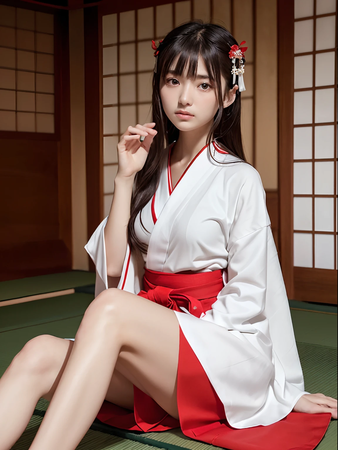 (One slender very small-breasted girl has long hair with dull bangs in Japanese shrine maiden outfit :1.5)、(One slender super small girl sits in a Japanese-style room and she is taking off a white kimono and scarlet long skirt :1.5)、(White kimono and scarlet long skirt:1.3)、(Perfect Anatomy:1.3)、(No mask:1.3)、(complete fingers:1.3)、Photorealsitic、Raw photography、masutepiece、top-quality、High resolution、delicate and pretty、face perfect、Beautiful detailed eyes、Fair skin、Real Human Skin、pores、((thin legs))、(Dark hair)
