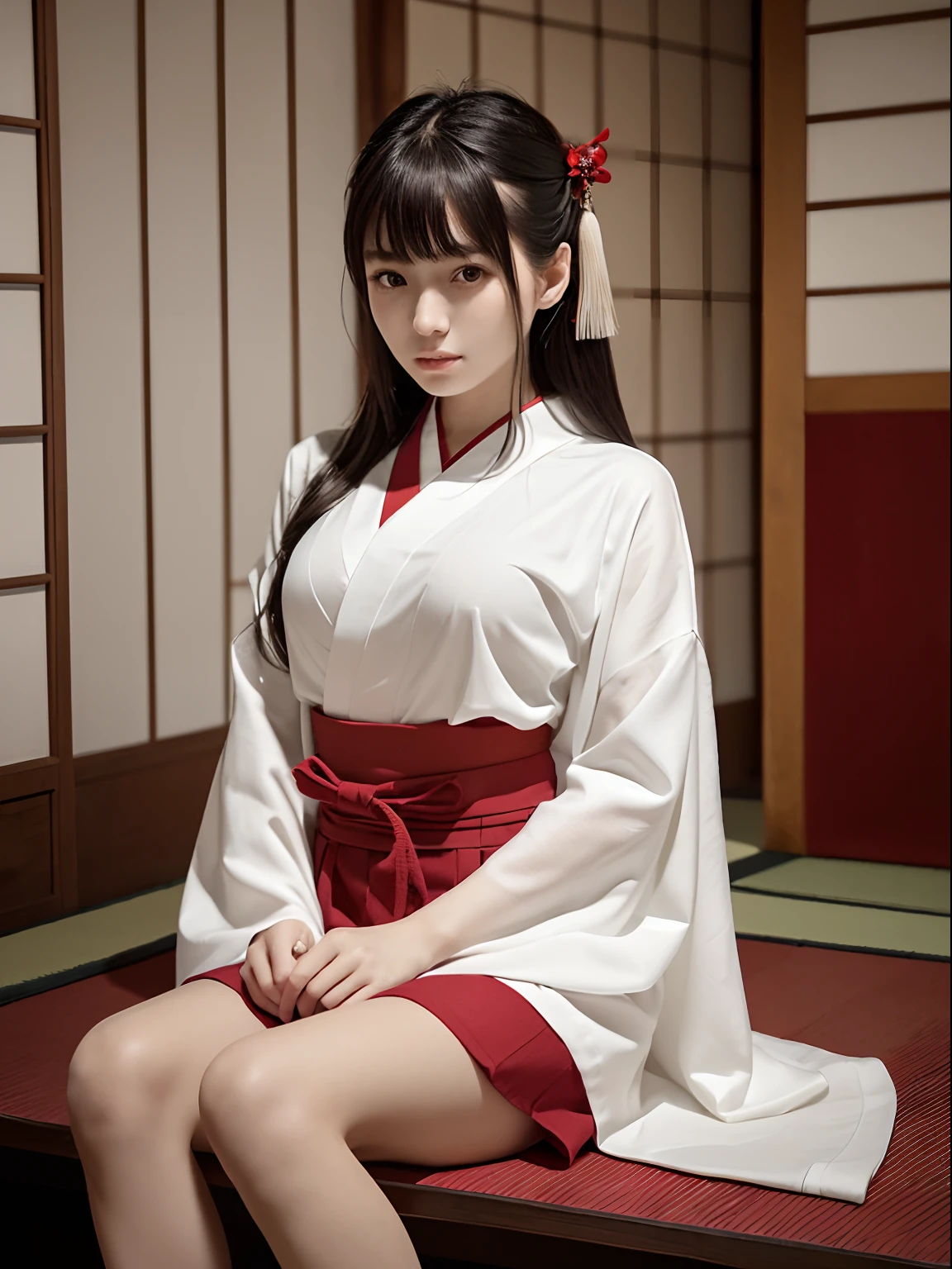 Photo Real、photoRealstic　A dark-haired、length hair、bangss　with round face、drooing eyes、big eye、Black eyes、a small face　shrine maiden、Priestess in Japan Clothes、Red Hakama、Long Hakama、White kimono with lines　、japanes、skinny  body、Skinny Legs、Soft thighs、vaginal、Female genitals　Bold legs open、Hakama flips、Boldly open legs and squat、Exposed crotch、Show off your crotch、full body Esbian、Bold poses　Background with、shrines、japanese temples、torii gate、Central of the stone path