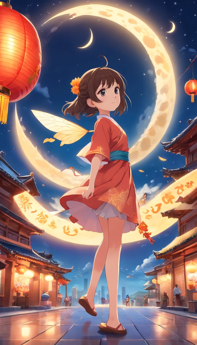 Mid-Autumn Festival, Cute fairy, Beautiful big eyes, Wear ancient costumes, Rabbit playing around girl, Moon cake, Auspicious clouds, Behind the huge moon, Warm colors, Abstract imagery, ultra-realistic realism, Pixar style, 3d effect, Disney style, Clear edge light, rim-light, fantasy, spotlight, 8K