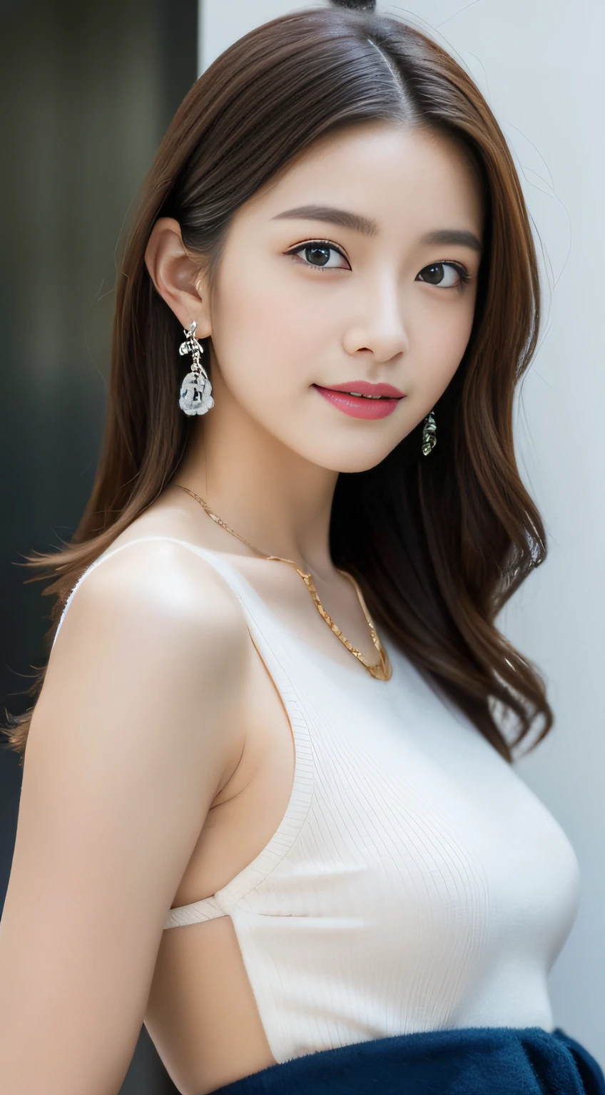 8K, Best quality, Masterpiece, Realistic, Super detail, f/1.2, 85mm, Nikon, Smiling woman with shiny hair, Natural makeup, white off-shoulder tops,Ruffled sleeves, Diamond pendant necklace