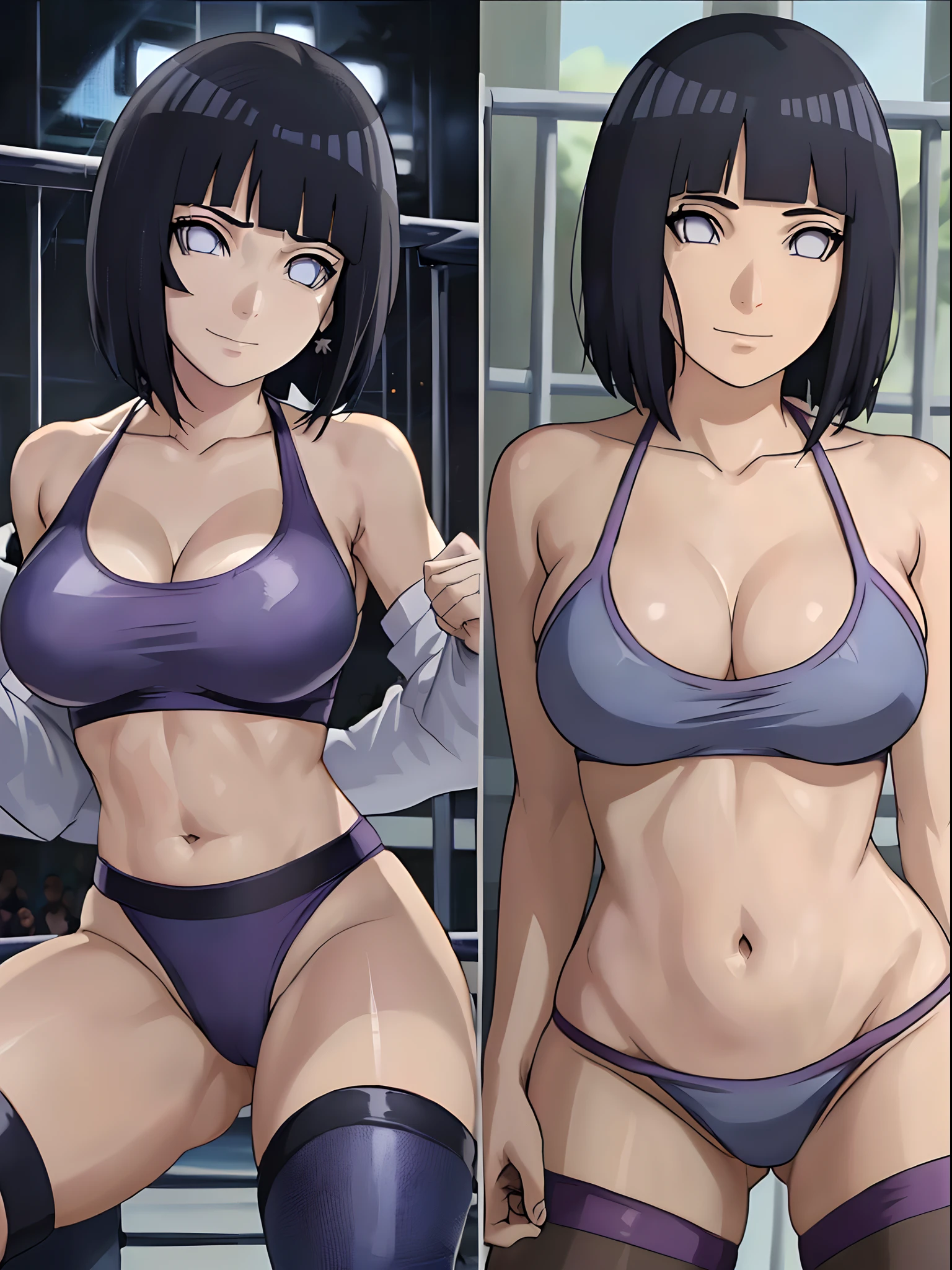 anime style, wrestling ground, (hinata\(boruto\), (female wrestler), (slender body), mature woman, milf, (bikini, pro wrestling gear) victorious, gorgeous, winner, kind face, smile, closed mouth, pale skin, shiny skin, (dark blue hair color:1.1), wavy hair, ((short hair, hime cut), big breasts, (only one arm stretching), long belly, closed fists, seductive, (perfect eyes, white sciera, bright eyes, white eyes, anime eyes, smoky eyeliner, eyeshadow)