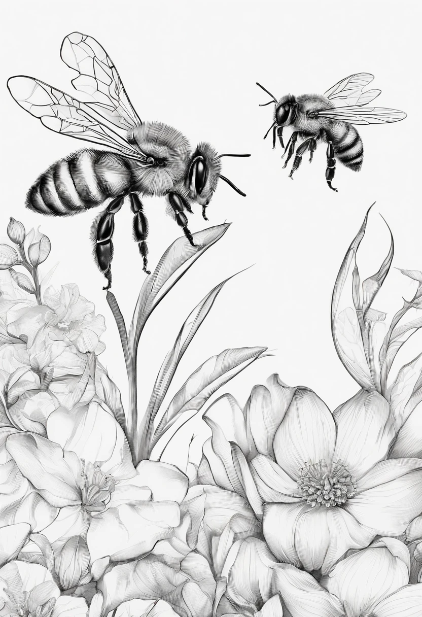 A bee,Hand drawn illustration,Sketch style,black and white colors,Ultra-clear details,超高分辨率,8K