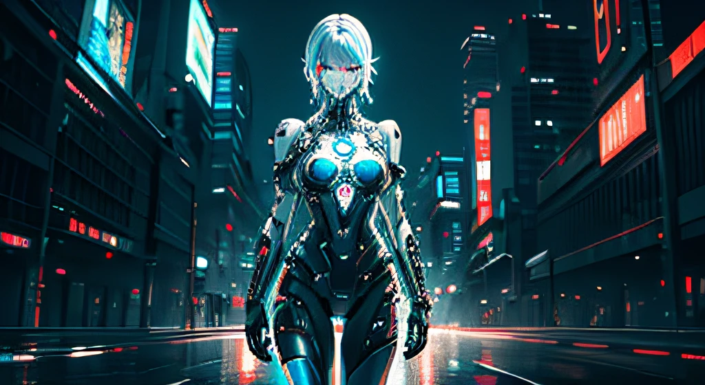 (masterpiece,extremely detailed,8k wallpaper, HD, photography awards,absurdres,8k resolution),a organic cyborg female, organic white, intricate details, sci-fi, cybernetics eyes, organic pattern, slender, beautiful eyes and face, standing in front of a cyberpunk city , full body, aerial view
