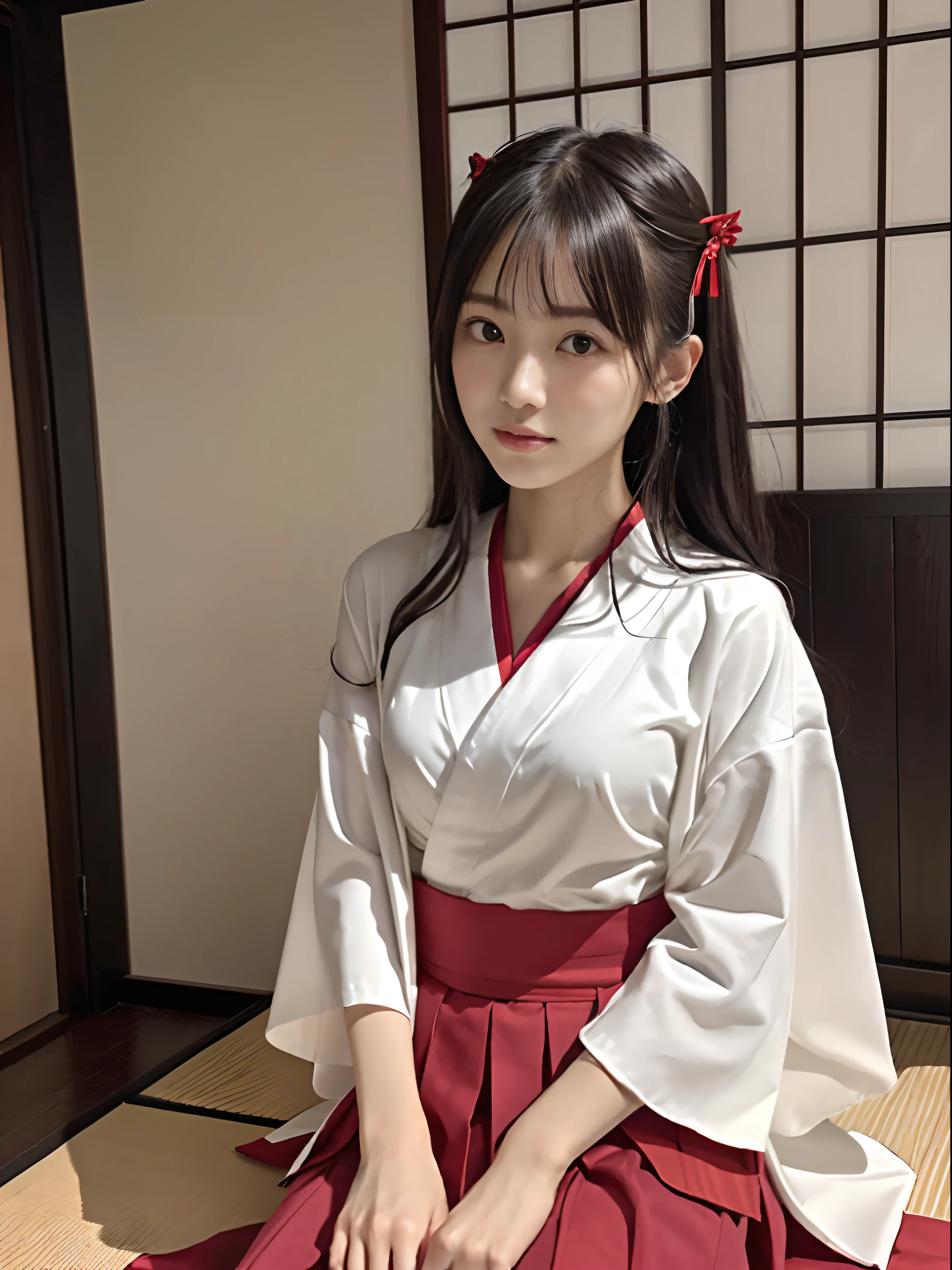 shrine maiden costume、beautiful shrine maiden、hairstyle with black hair tied in the middle、whole body、photo taken from below、walk in the forest
