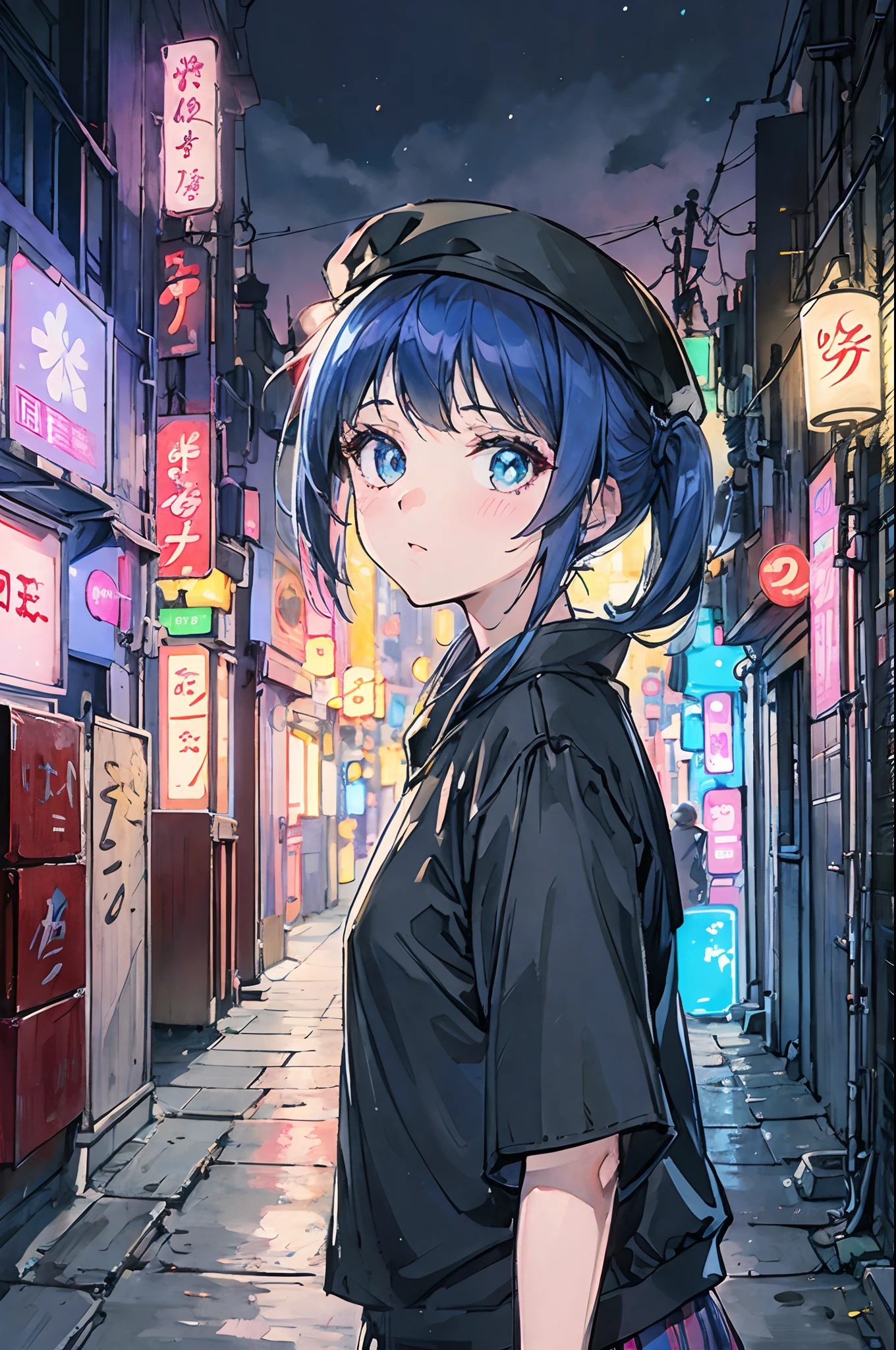 alleyway、Girl with a hat on her head、natta、neons、