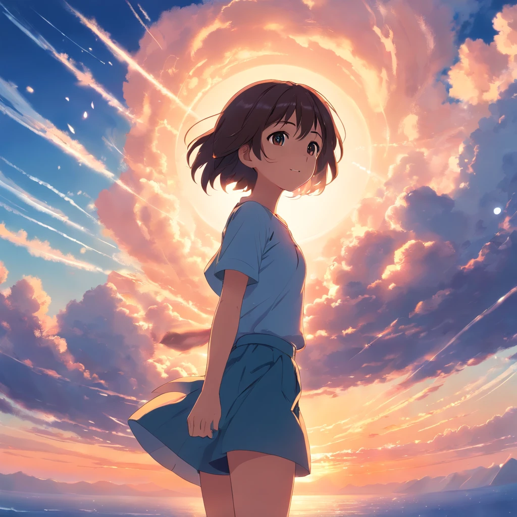 masterpiece, best quality, movie still, 1girl, cloud girl, floating in the sky, close-up, bright, happy, warm soft lighting, sunset, (sparks:0.7)