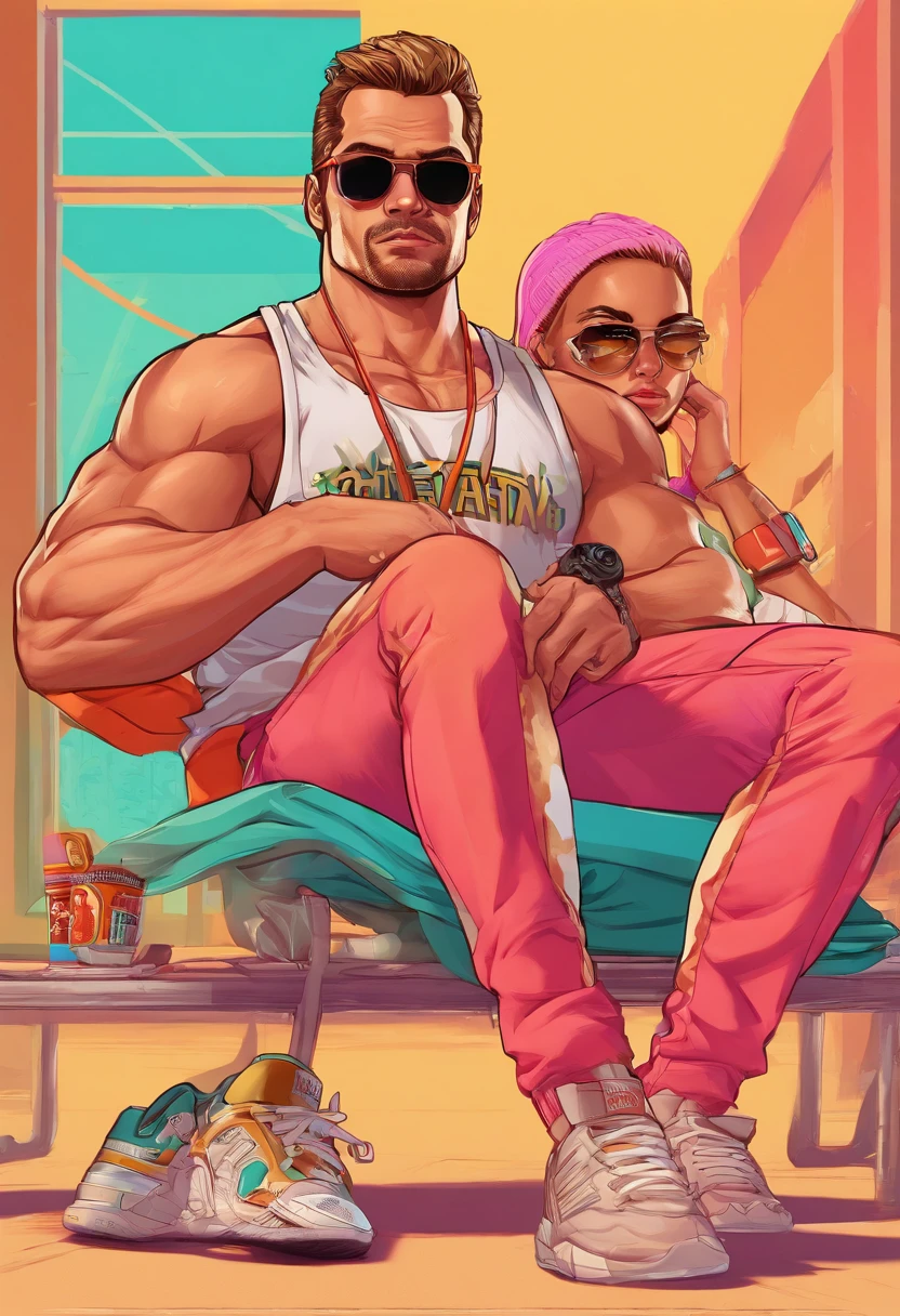 Masterpiece, Best Quality, suntanned skin, looking a viewer, sports clothing, leggins, sitting, bare footed, Simple background with logo, From Bottom, Sunglasses,