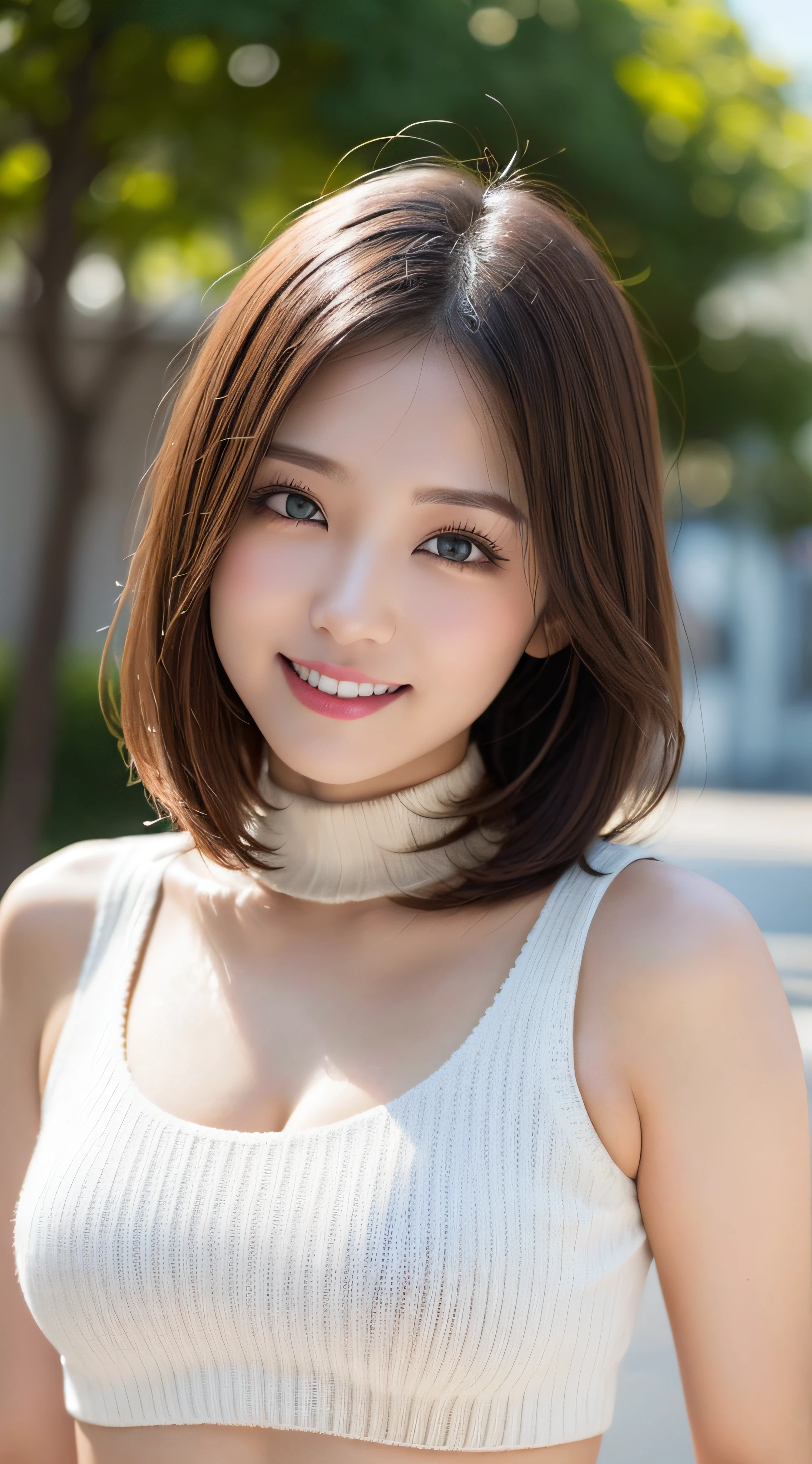 masutepiece, Best Quality, Photorealsitic, finely detail, hight resolution, 8K Wallpapers, Perfect dynamic composition, Beautiful detailed eyes, Medium Hair, large full breasts, Random and sexy poses,Bring your chest together、(Full Open Chest Mock Neck Crop Tank Top White Knitwear Clear Clave)、(Breast bulge 1.2)、A smile、open open mouth、Resort scenery、25-years old、(Drooping eyes 1.4)、Adult beauty、japanes