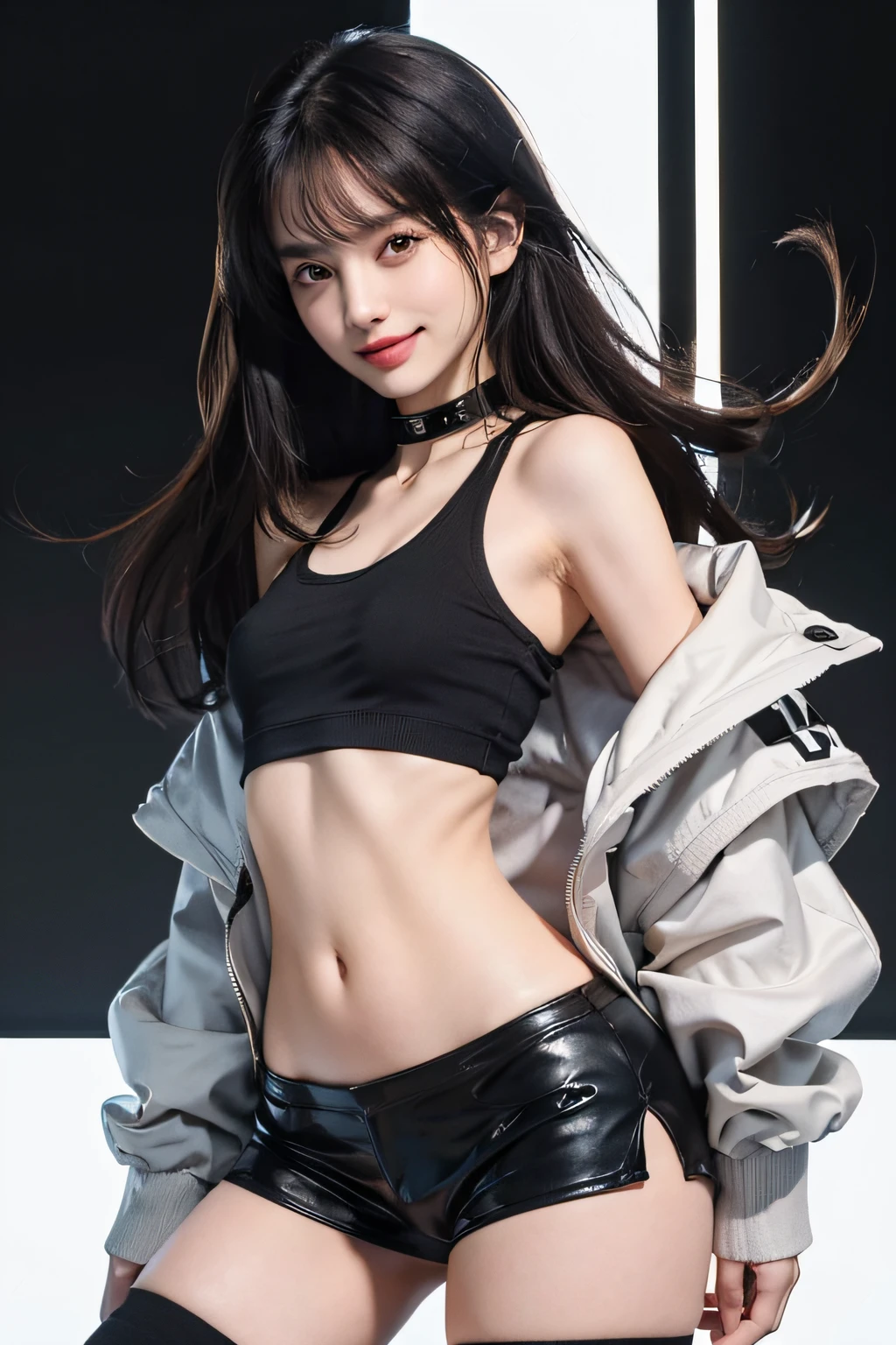 (masterpiece, best quality:1.2), ((small breasts:1.4)), absurdres, highres, extremely detailed, perfect face, 1girl (adult female:1.2), black hair, long hair, messy hair, black eyes, pale skin, white off the shoulder sweater, black sport shorts, bulge, black thigh highs, collar, thick thighs, tall, smiling, otoko no ko, sfw, in group of envy people