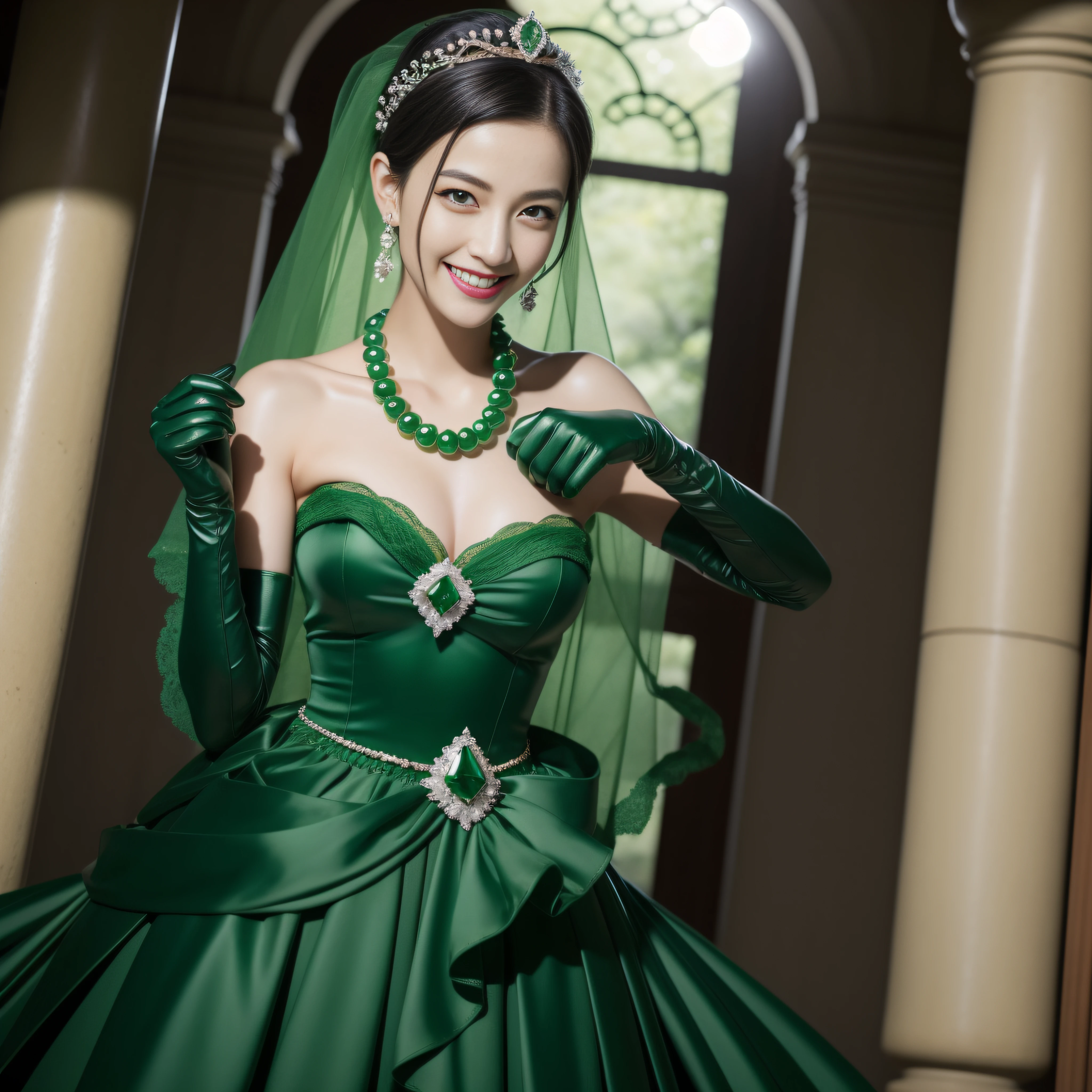 Boyish very short black hair, lipsticks, Japan woman smiling, Green Long Grove, Emerald Tia boyish very short black hair, lipsticks, Japan woman smiling, Satin green long gloves, Green Pearl Necklace, Long green gloves made of satin material, big breasts beautiful, Green Bridal Veil, Green eyes, Emerald Earrings,emerald tiara, verd s eyes, Green eyes