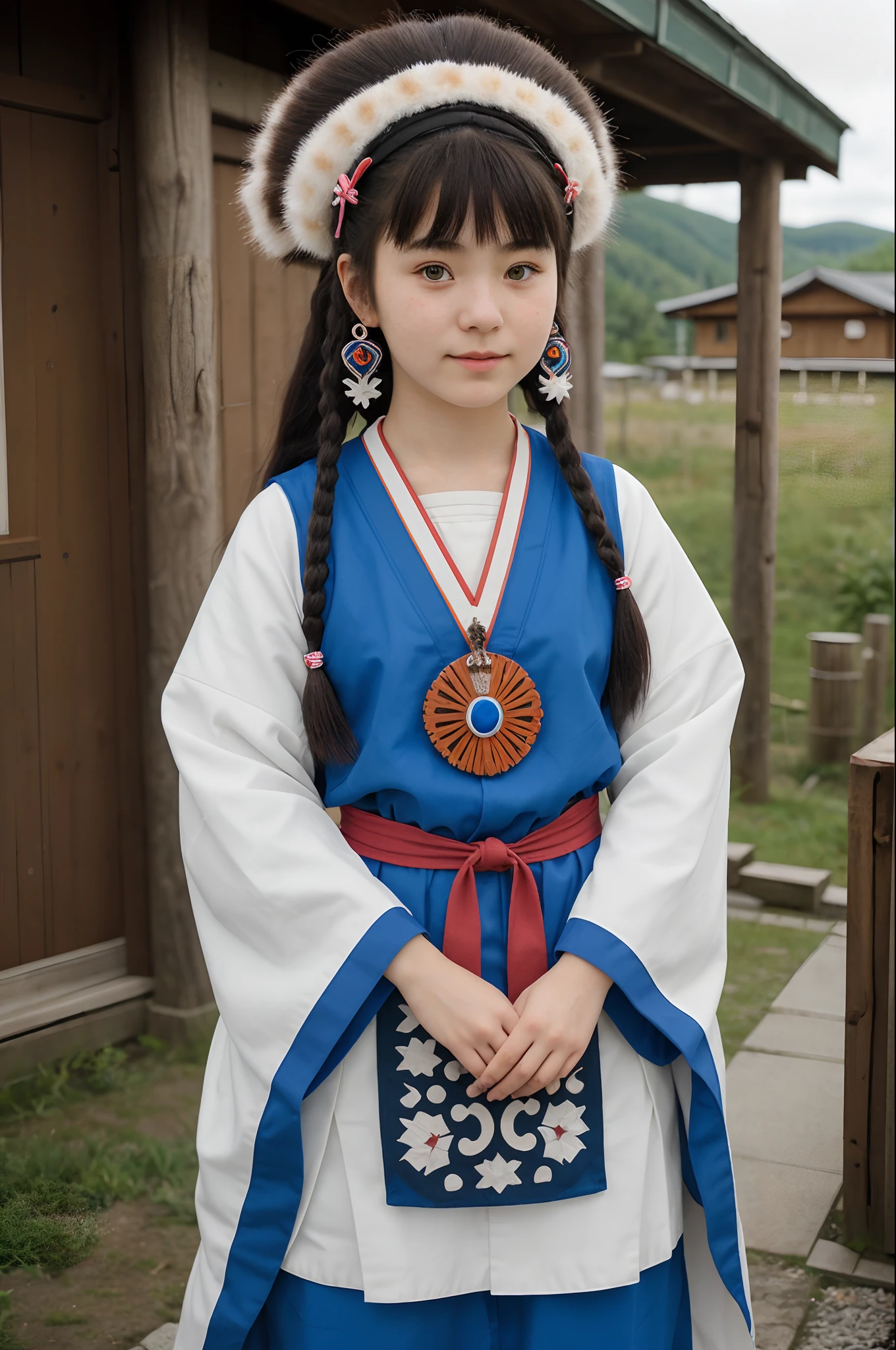 Mulher bonita de 15 anos de idade Ainu em traje nacional, mesa, hiperdetalhes. Antecedentes de HokkaidoAsirpa is a short Ainu girl with a small frame. She has dark hair which reaches the middle of her back, and blue eyes with tints of green, the same eyes her father had.

Asirpa wears a white Ainu robe made from bark called attus, complete with traditional swirling motif at the edges of the cloth over a purple band. Underneath she wears a purple kimono, which is tucked at the back. Asirpa wears dark leggings and deerskin boots called yukker. In cold weather Asirpa puts on a wolf fur mantle to cover herself in the wild.

She also wears a number of accessories, most notably a purple embroidered headband with swirling motif called matanpushi, matching tekunpe hand coverings, and two ninkari earrings that she received as heirloom from her mother.[4] In warmer weather, she can be seen wearing a rekutunpe necklace.

Asirpa carries many items, most notably her longbow and quiver, but also several knives in carved sheathes