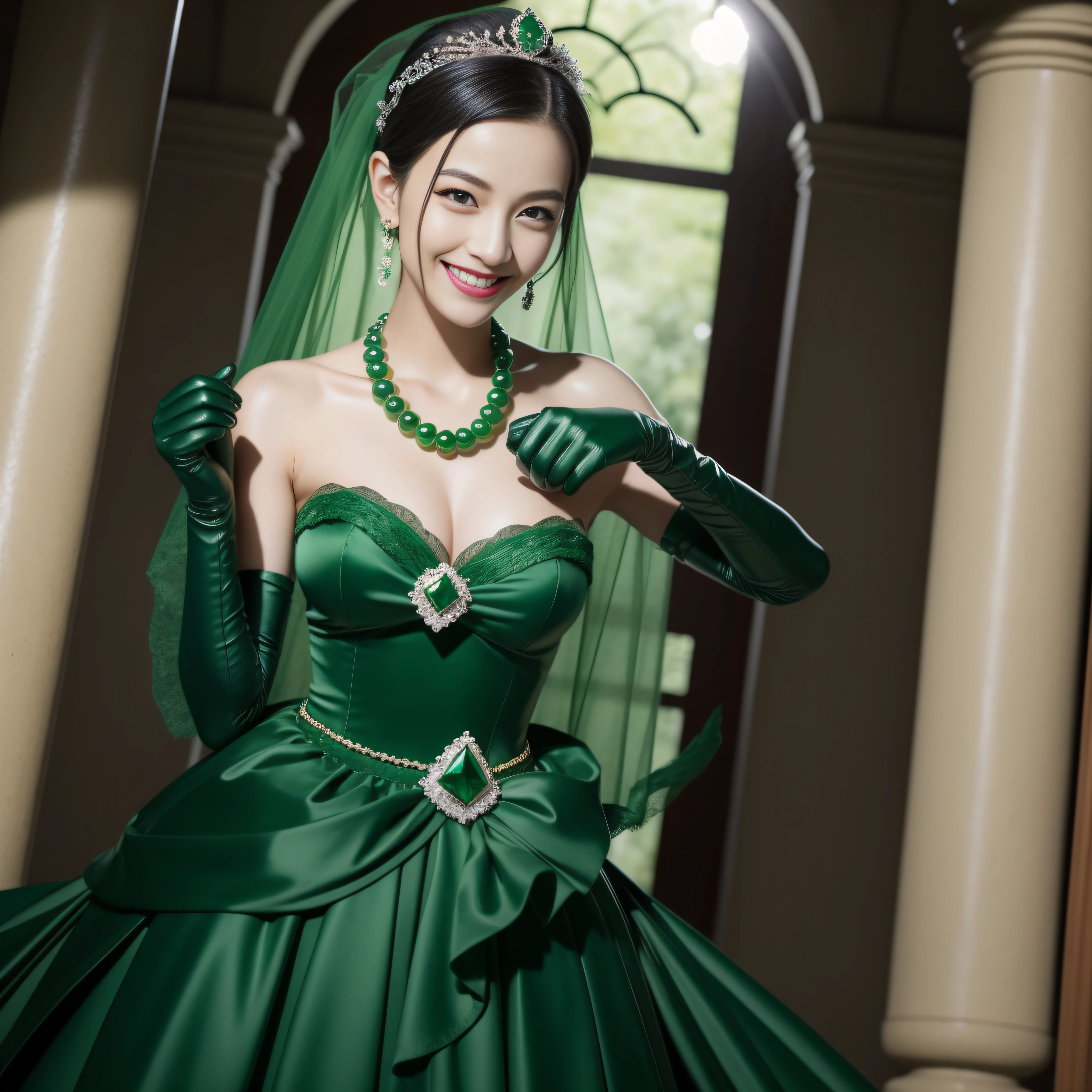 Boyish very short black hair, lipsticks, Japan woman smiling, Green Long Grove, Emerald Tia boyish very short black hair, lipsticks, Japan woman smiling, Satin green long gloves, Green Pearl Necklace, Long green gloves made of satin material, big breasts beautiful, Green Bridal Veil, Green eyes, Emerald Earrings,emerald tiara, verd s eyes, Green eyes