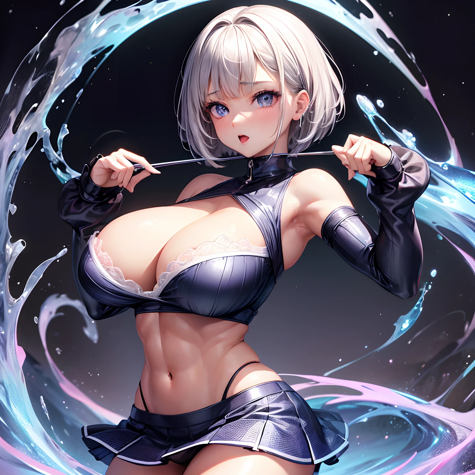 super high image, super detail, super high resolution, adult female, sexy, beautiful, cute, amorous expression, lewd expression, orgasm, light silver glossy braided bangs short hair, sparkling big eyes, double eyelids, huge breasts, abs, tight shirt, cleavage, super mini skirt, professional lighting