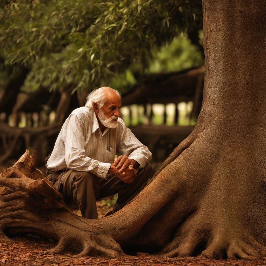 old man, barba branca grande, jovem aprendiz, crush under tree trunk, looking at the old man, crush under stump of the tree, olhar pensativo e perdido, Wise old man. Imagem realista antiga, local isolado.