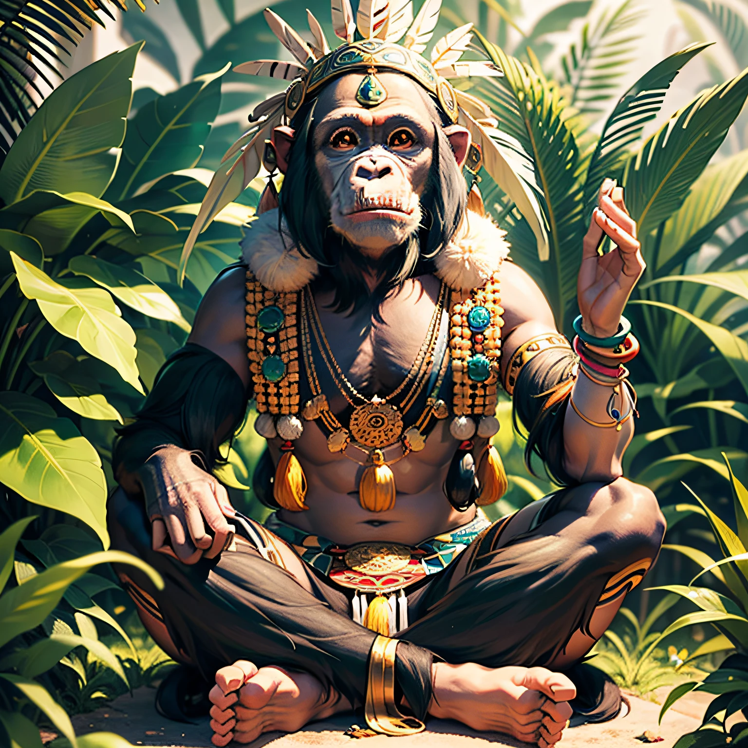 Cheerful Chimpanzee Head ((Shaman)),((meditative state),,Shaman, elegant chimpanzee, hair with details, with Indian headdress on head, ((meditating)) many colorful feathers, colored feathers, facing the camera, detail: dense tropical foliage, highly detailed intricate, ((masterpiece)), ultra hyperrealistic, masterpiece