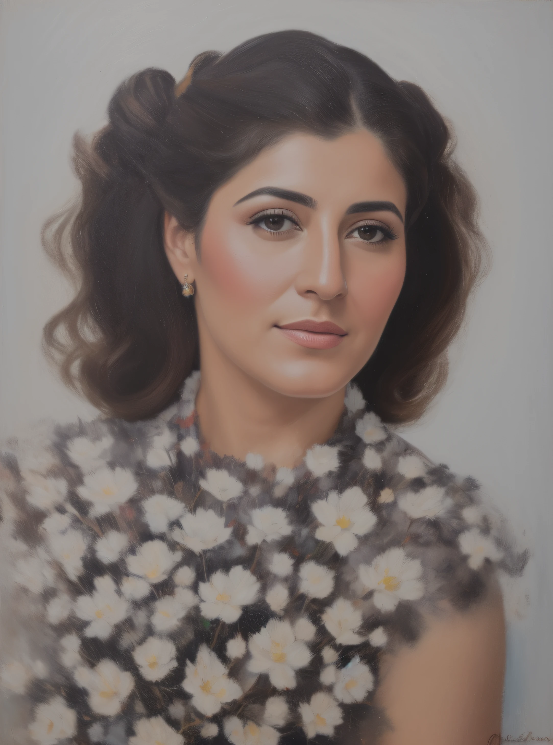 Arafed foto de una mujer con un vestido floreado y un collar, Retrato en color, inspired by Anna Füssli, Una foto coloreada, in a oil painting style, Retrato detallado en color, Retrato de estudio en color, Retrato al estilo de Craola, Foto de retrato realista, Se parece a Ebru Sahin, Foto coloreada, Retrato detallado, 8k Transformation Portrait