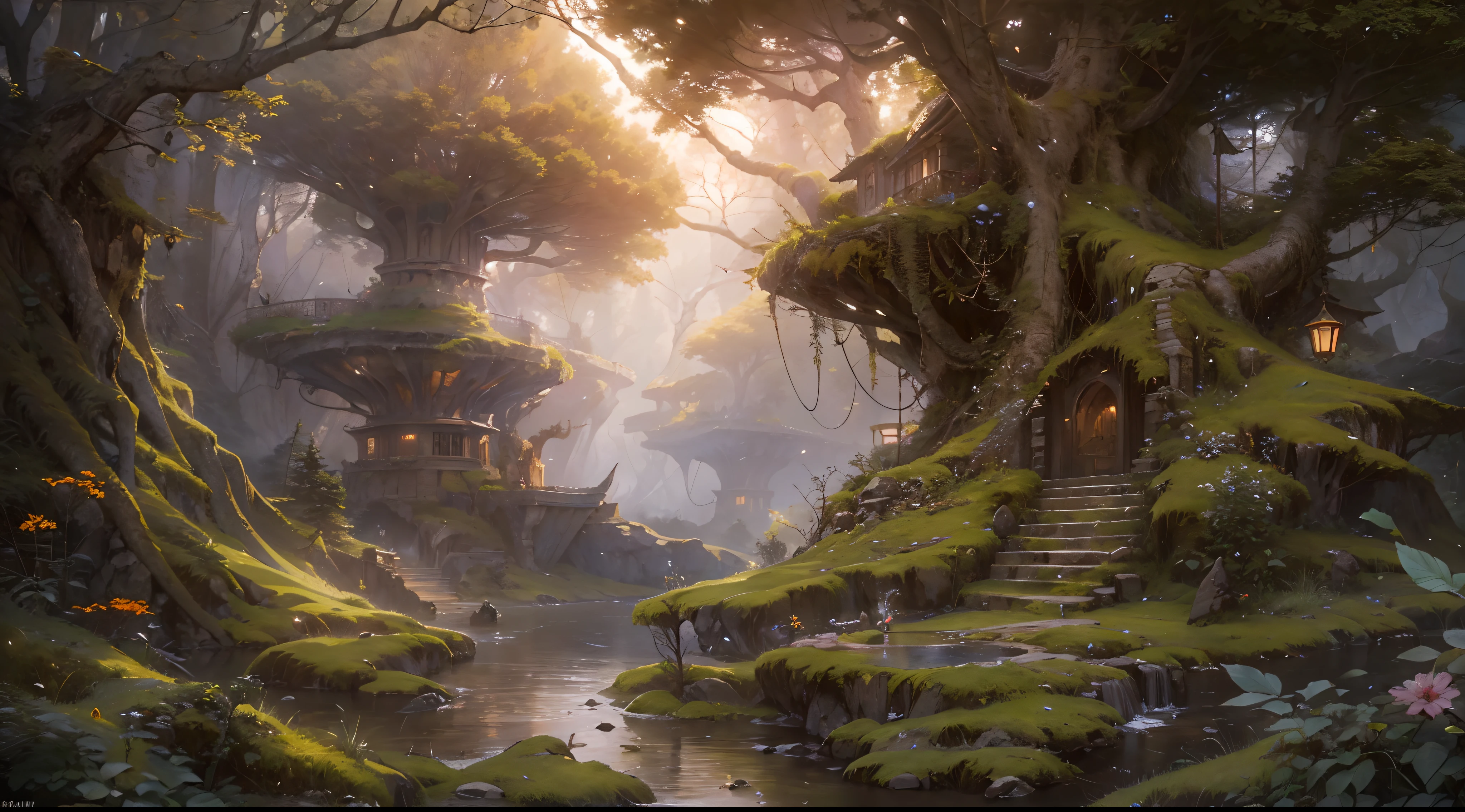 (by Greg Rutkowski: 1.2), (masterpiece), (best quality), extremely delicate and beautiful, illustration, (fantasy landscape), A mesmerizing fantasy landscape with enchanting elements blending seamlessly. (fantasy ancient forest), Providing a distant view that captures the grandeur and atmosphere. From Brian Froud and Carne Griffiths and Wadim Kashin and John William Waterhouse, 8K post-production, high resolution, hiper detailed, depth of field, HDR, intricate