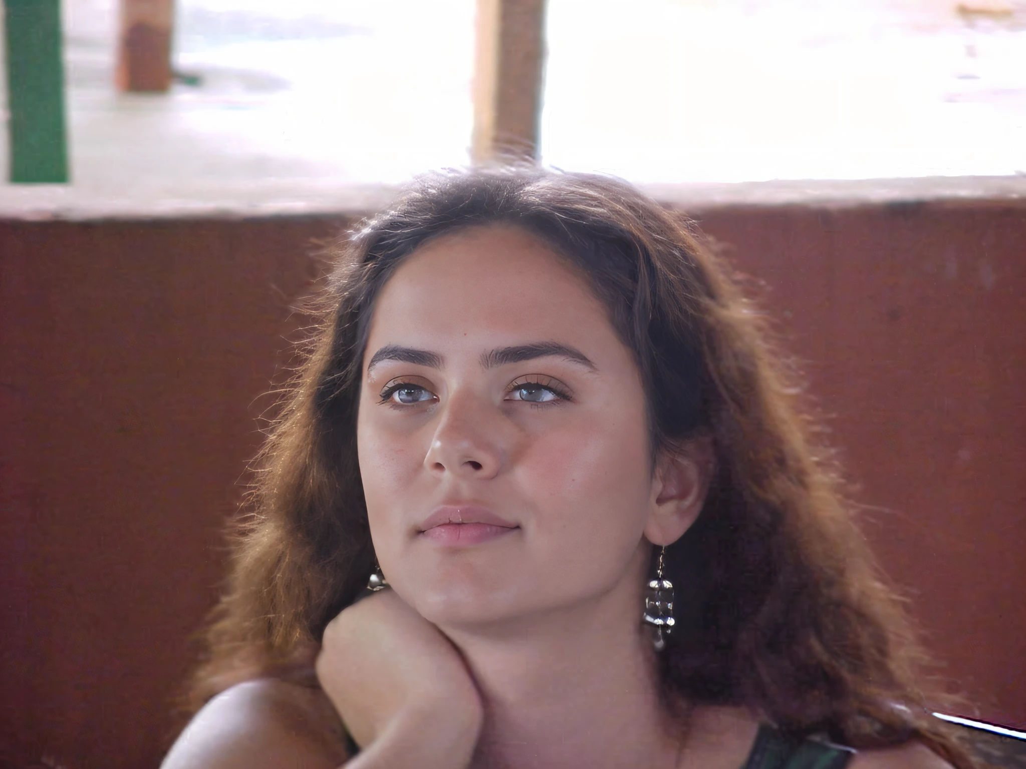 There is a woman 18 years old long hair dark brown wavy, ((olhos azuis)) bem delineados, rosto bem iluminado,sentada em uma mesa com um prato de comida, fernanda suarez, Mulher de 18 anos de Cuba, she has a distant expression, em torno de 1 8 anos, looking to the side off camera, foto hiper realista, 8K, yael shelbia, andrea rocha, foto da mulher jovem, fotografia [ longe ], Marischa Becker, maia