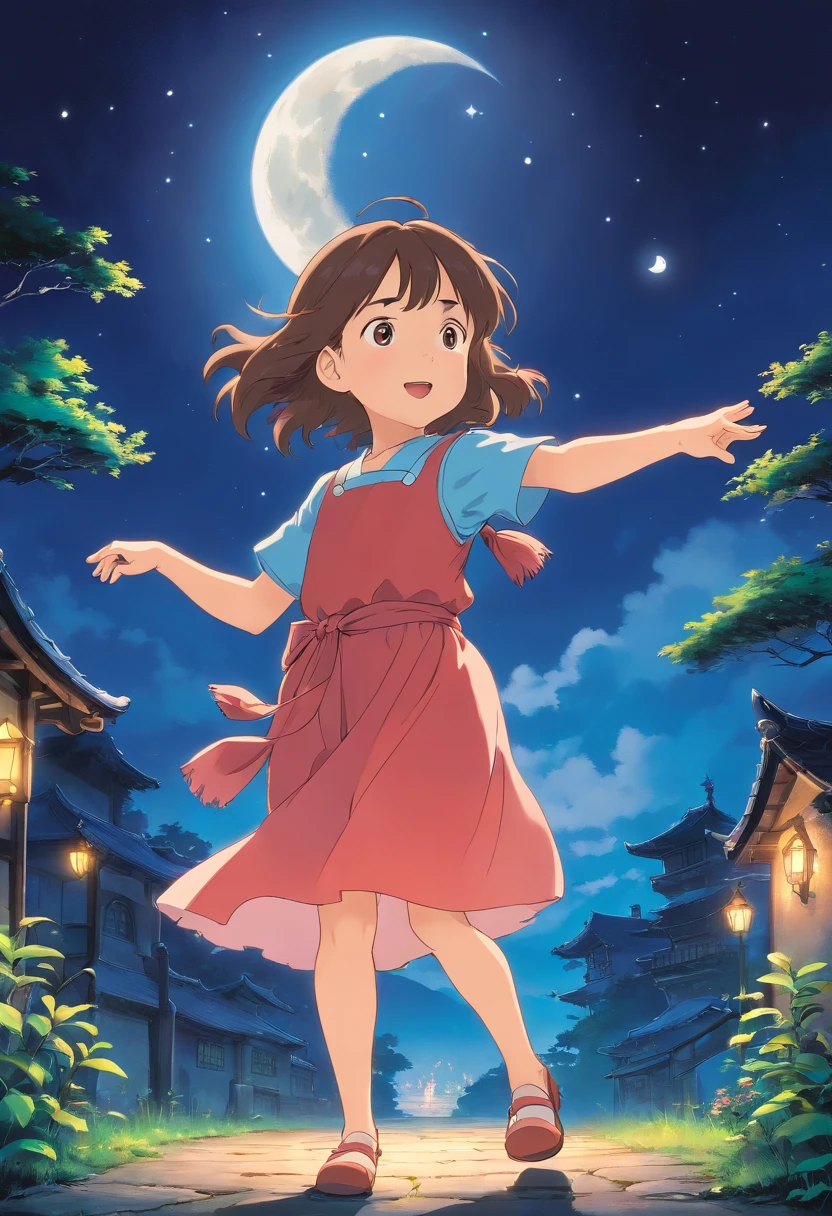 little girl, dancing, under moonlight, mythical creature,vibrant colors,soft lighting