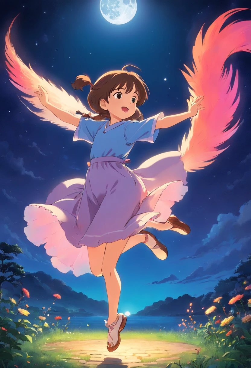 little girl, dancing, under moonlight, mythical creature,vibrant colors,soft lighting