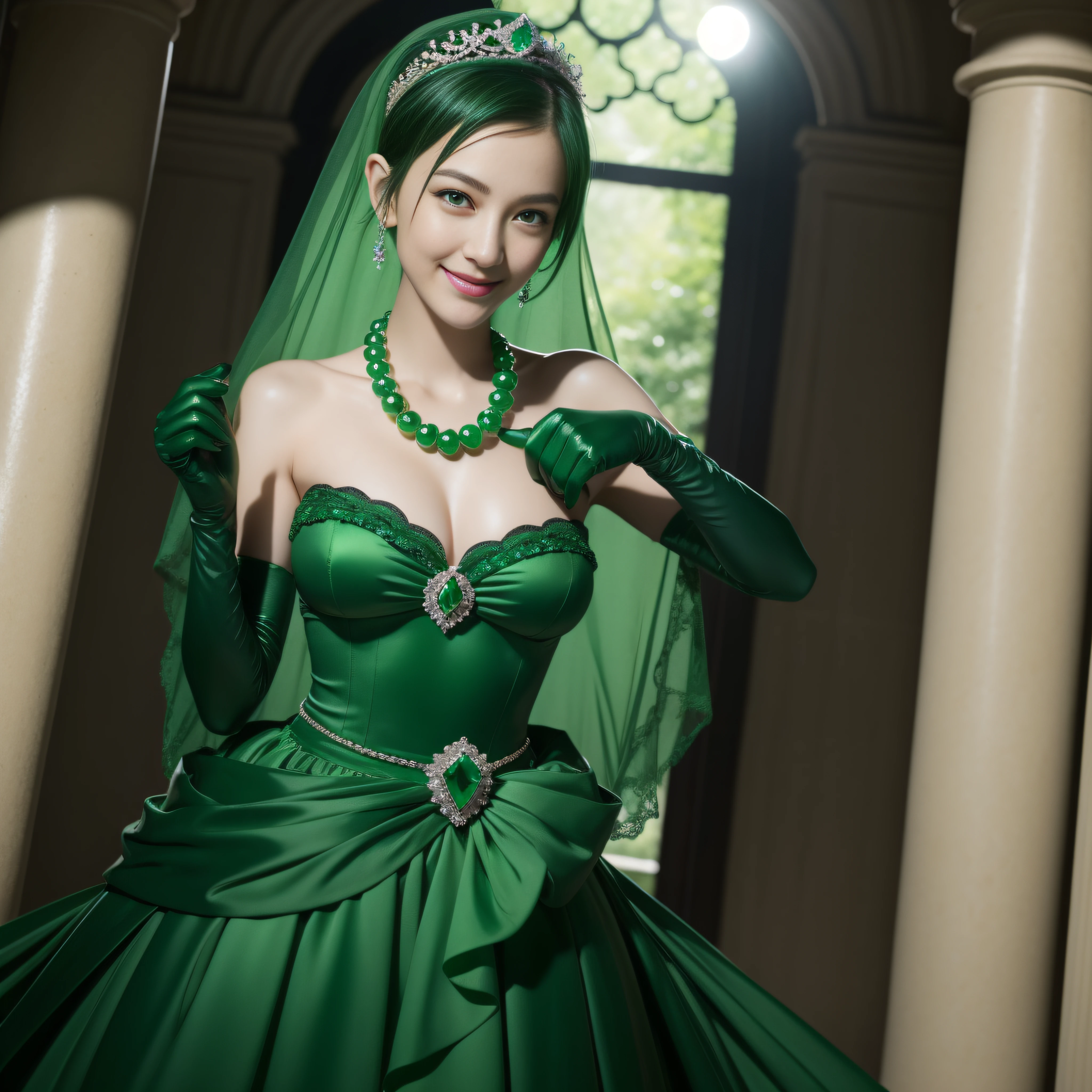 emerald tiara, Green Pearl Necklace, Boyish very short black hair, lipsticks, Japan woman smiling, very short short hair, big breasts beautiful, Green eyes, Long green gloves made of satin material, Green eyes