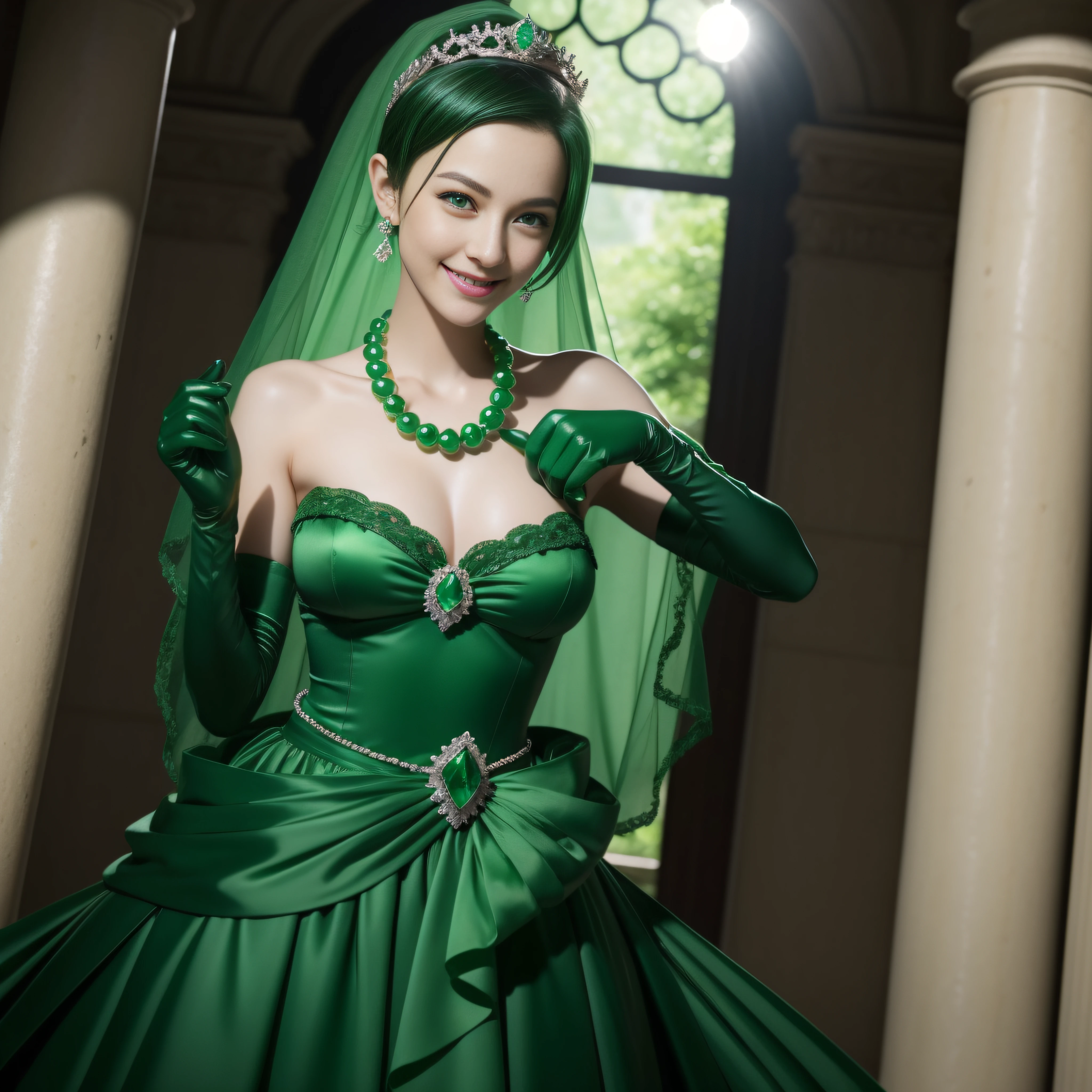 emerald tiara, Green Pearl Necklace, Boyish very short black hair, lipsticks, Japan woman smiling, very short short hair, big breasts beautiful, Green eyes, Long green gloves made of satin material, Green eyes