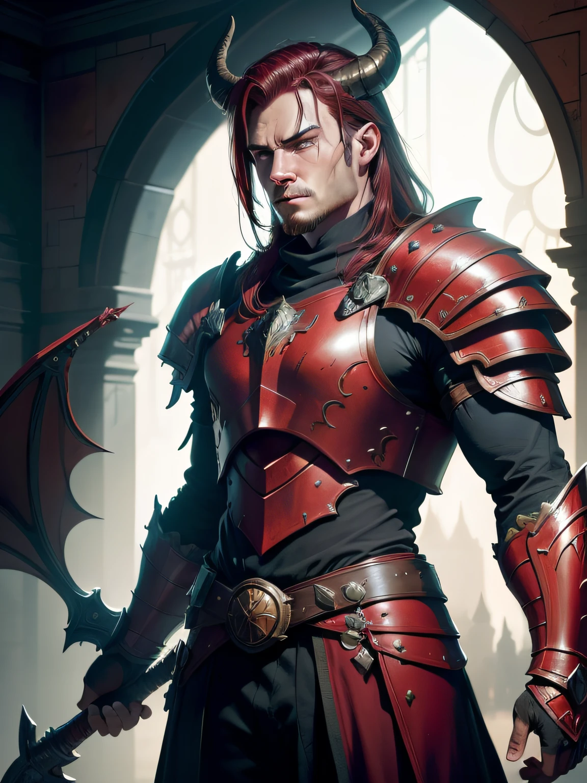 red dragonborn, male, horns, solo, scales, armor, tail, shoulder armor, pauldrons, portrait, closed mouth, black background , ((masterpiece, best quality)), art by greg rutkowski