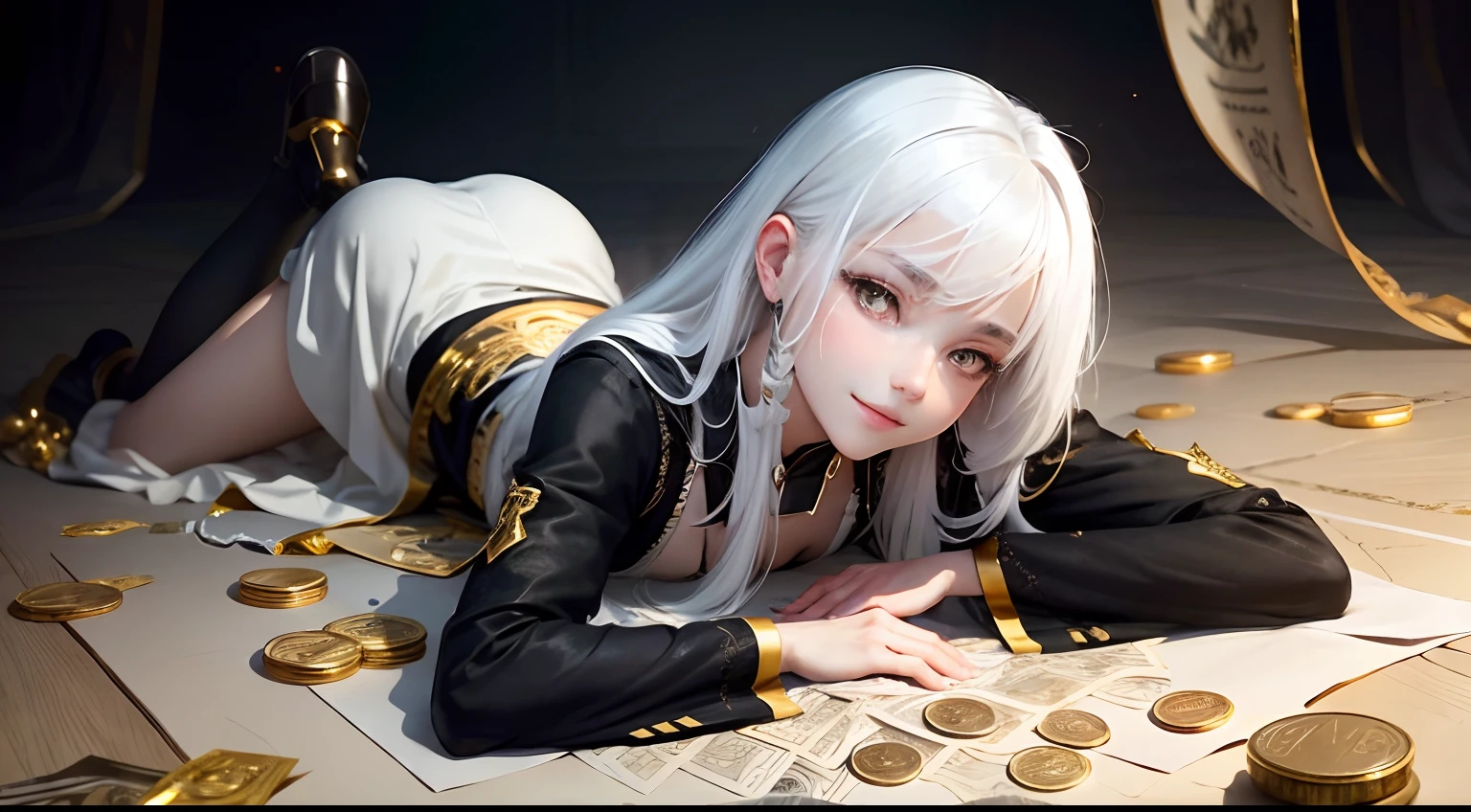 best quality, white hair, gold eyes, black clothes, looking up, upper body, hair strand, Fair skin, smiling, Banknotes and coins are scattered, lie down