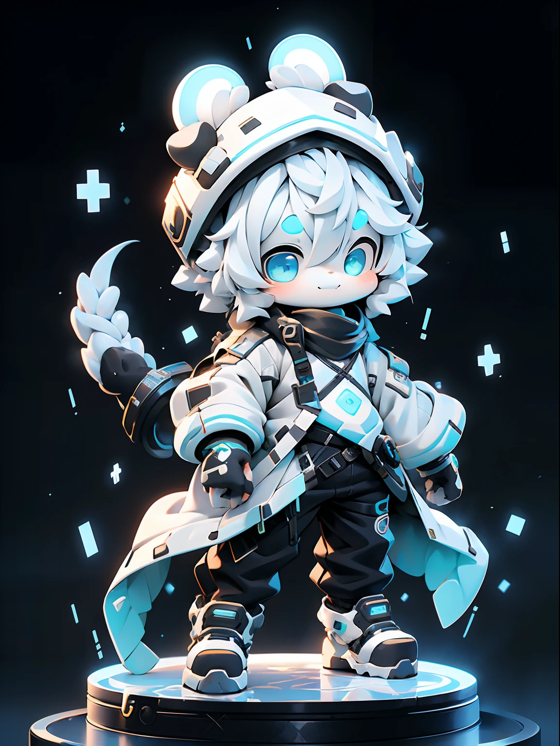 One Boy, cute smile, Blue eyes,hair black mixed white messy,White Techware  long big black mixed white long colored sweater,tear drop,Viewer's Eye Line,Black skinny pants,Panda ears, cyberpunked, is standing cool pose, baby-face, cute little, with bamboo sword