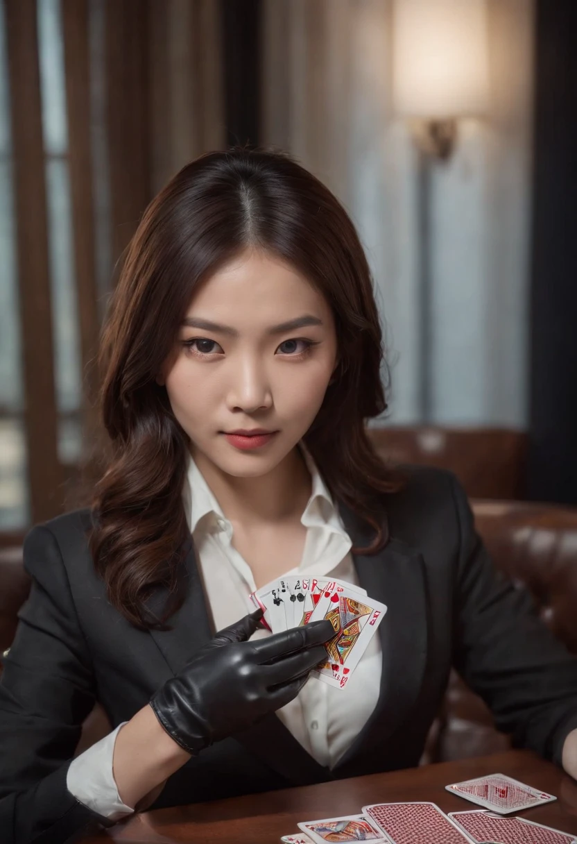 A young Japanese woman with a black suit up to a shirt and playing cards with black leather gloves on both hands