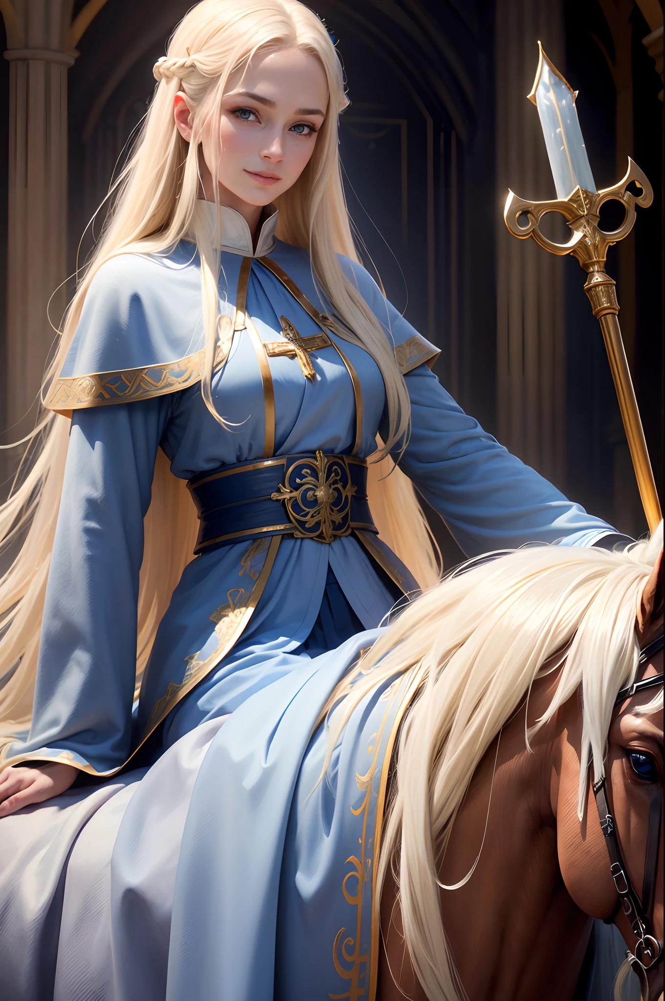 8K,Photorealsitic Raw photography top-quality;1.4) (1 Mature Saint) Super beauty(Lifelike face) Wear a blue and white sacred robe Ride a horse with gilded decorations and a silver cane long blonde hair and blue eyes A smile clergyman Beautiful expression 超A high resolution A hyper-realistic real looking skin