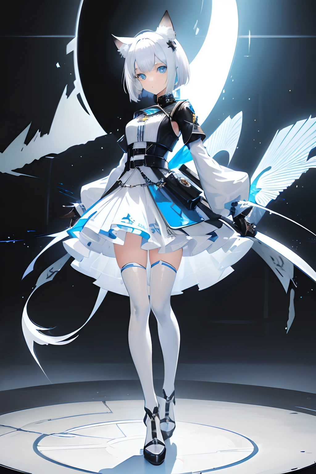 ((ultra - detailed),teens girl,White color hair，blue color eyes，cat ear，Skirt that wraps hips，Leather clothes，short detailed hair，Full body standing painting