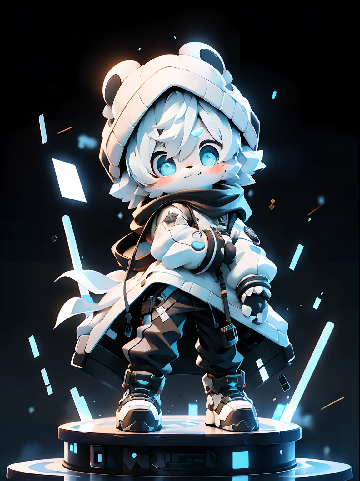 One Boy, cute smile, Blue eyes,hair black mixed white messy,White Techware long big black mixed white long colored sweater,tear drop,Viewer's Eye Line,Black skinny pants,Panda ears, cyberpunked, is standing cool pose, baby-face, cute little, with bamboo sword