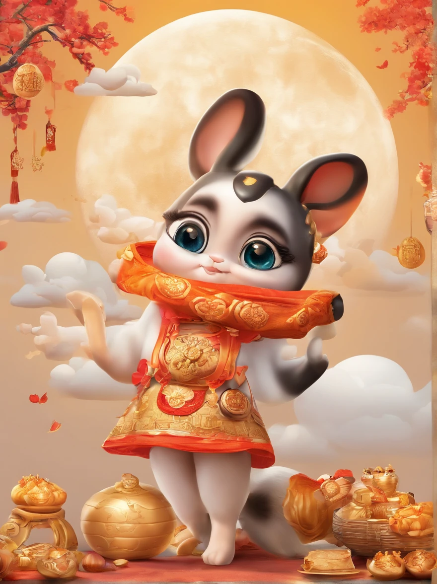 Mid-Autumn Festival, Cute fairy, Beautiful big eyes, Wear ancient costumes,Rabbit in hand, Moon cake, Auspicious clouds, Behind the huge moon, Warm colors, Abstract imagery, ultra-realistic realism, Pixar style, 3d effect, Disney style, Clear edge light, rim-light, fantasy, spotlight, 8K