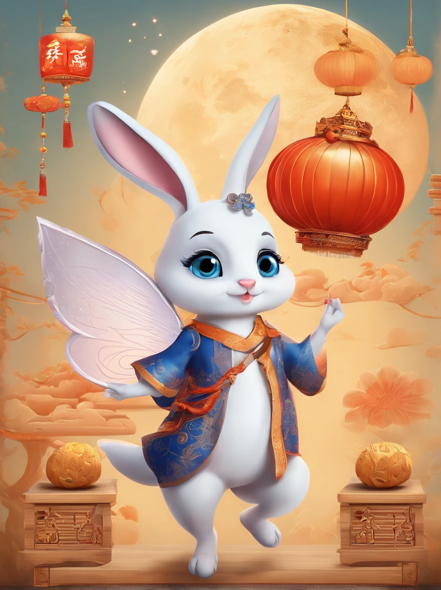 Mid-Autumn Festival, Cute fairy, Beautiful big eyes, Wear ancient costumes,Rabbit in hand, Moon cake, Auspicious clouds, Behind the huge moon, Warm colors, Abstract imagery, ultra-realistic realism, Pixar style, 3d effect, Disney style, Clear edge light, rim-light, fantasy, spotlight, 8K