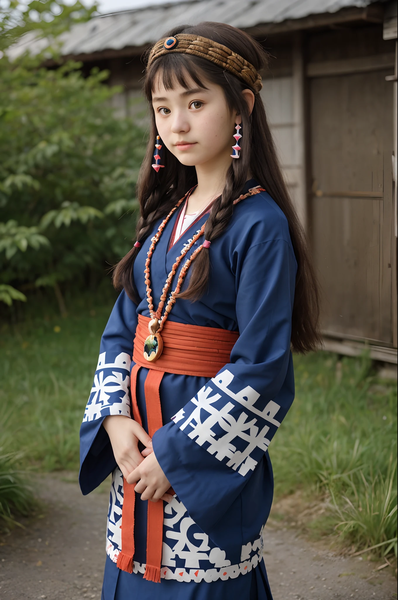 Cute Ainu 15-year-old woman in national costume, masutepiece, hyperdetails. Background of Hokkaido