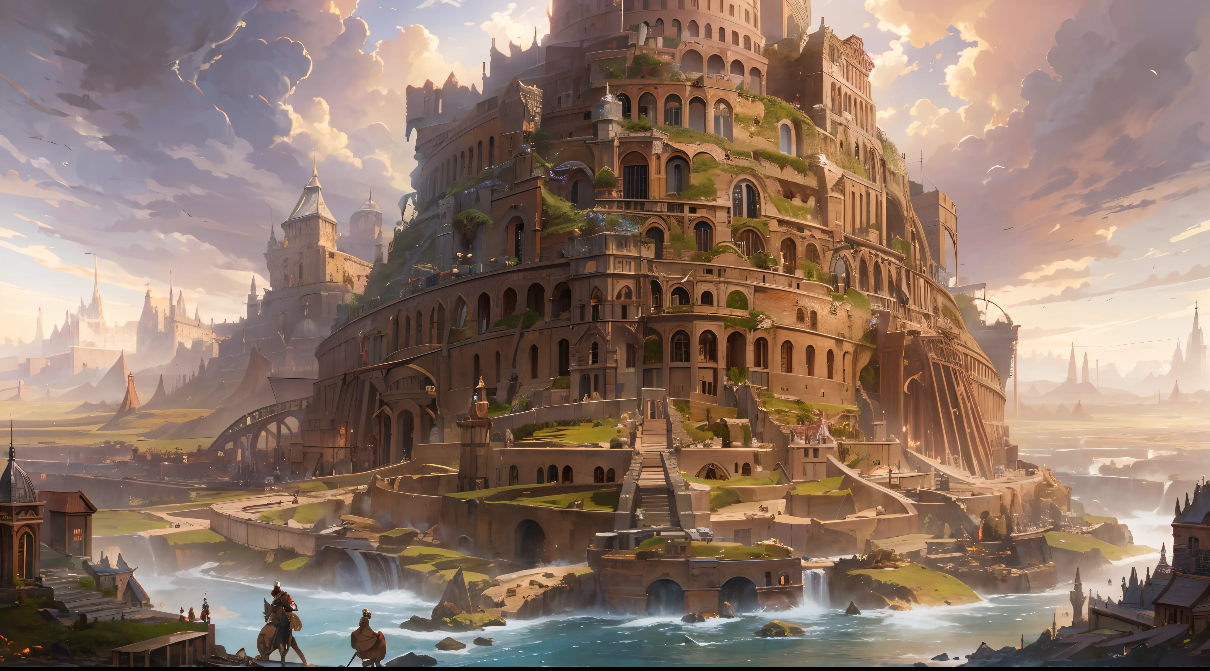 (by Greg Rutkowski: 1.2), (masterpiece), (best quality), extremely delicate and beautiful, illustration, (fantasy landscape), A mesmerizing fantasy landscape with enchanting elements blending seamlessly. ((tower of babel)), Providing a distant view that captures the grandeur and atmosphere. From Brian Froud and Carne Griffiths and Wadim Kashin and John William Waterhouse, 8K post-production, high resolution, hiper detailed, depth of field, HDR, intricate