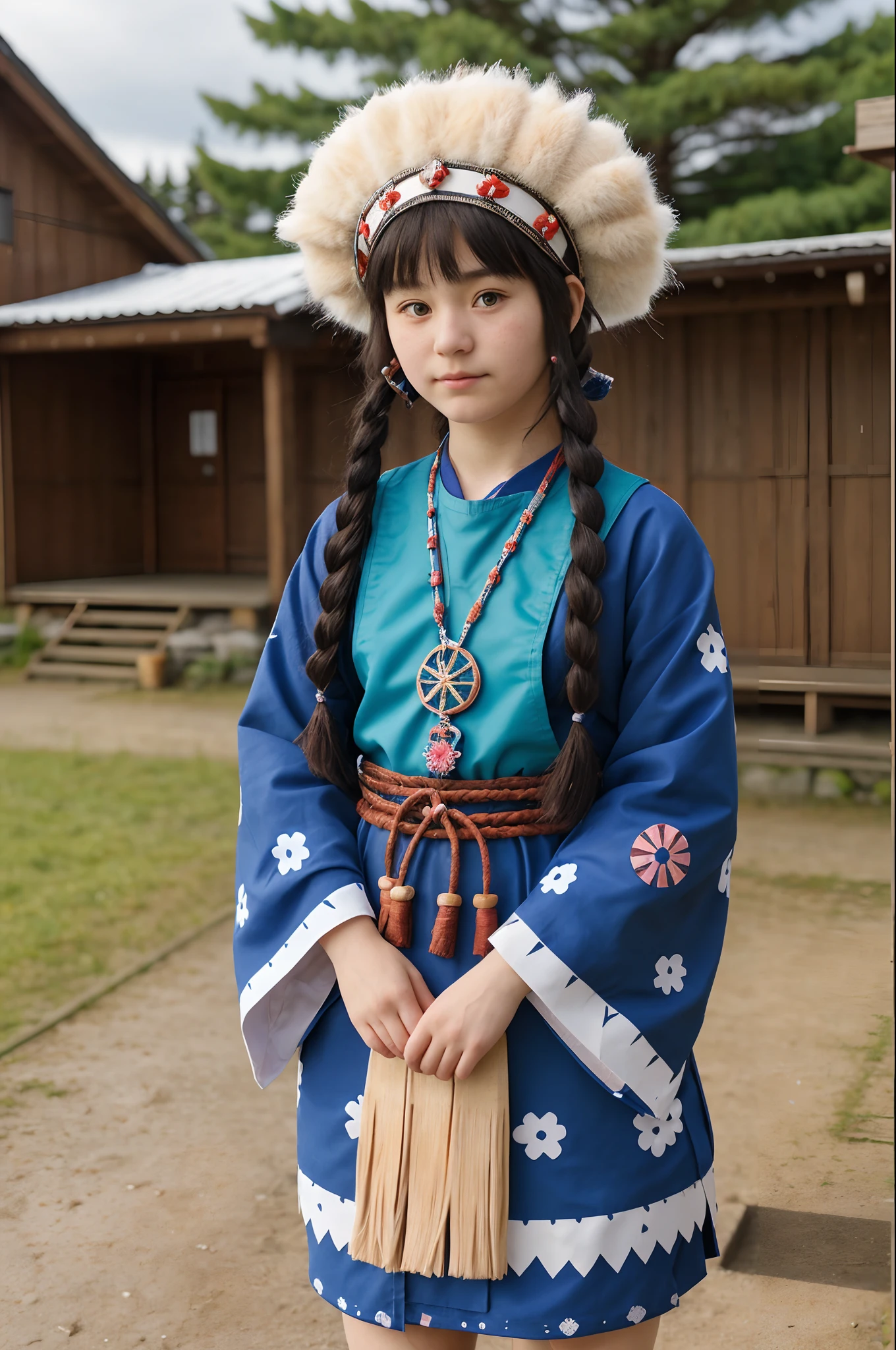 Cute Ainu 15-year-old woman in national costume, masutepiece, hyperdetails. Background of Hokkaido