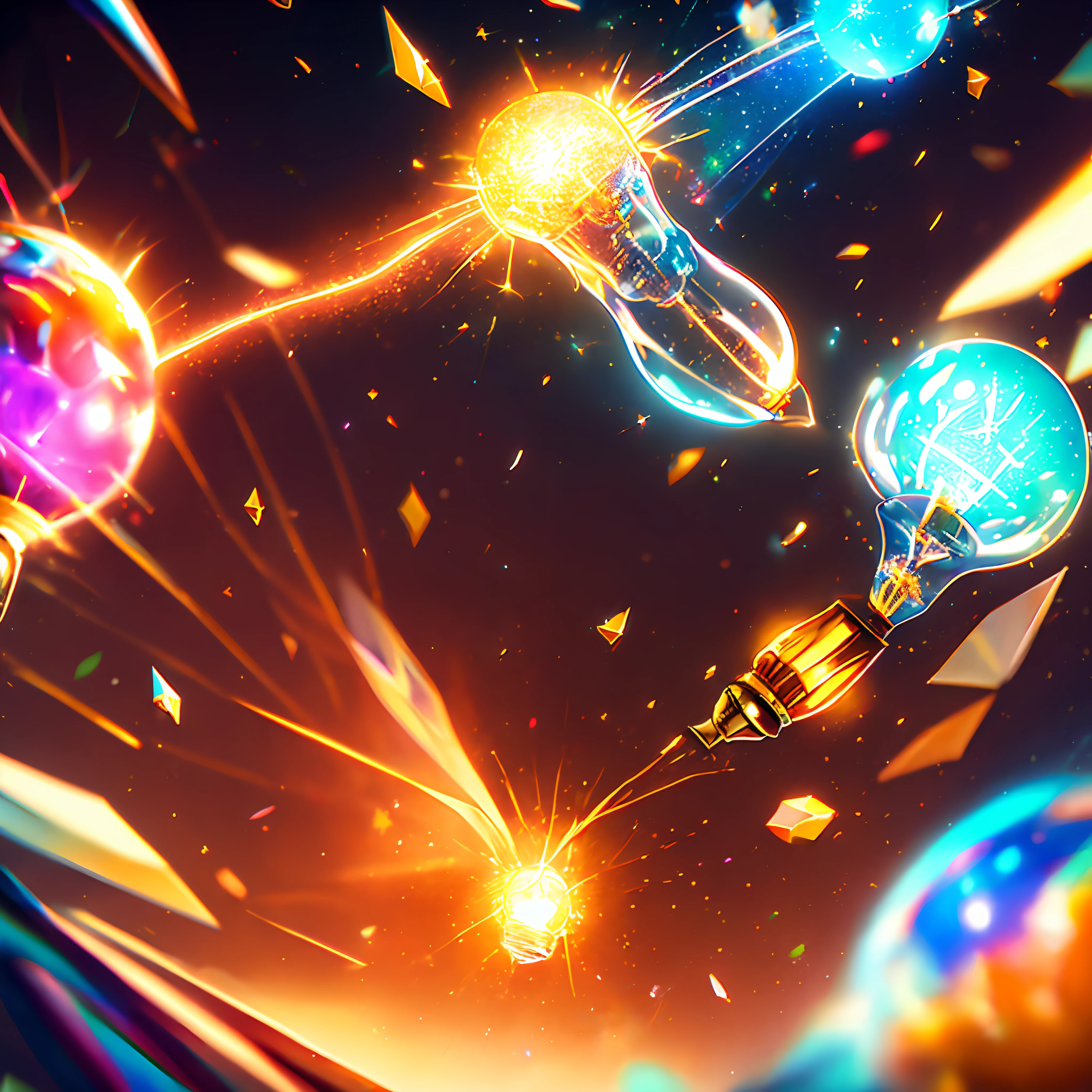 light bulb, explosion of brilliant light bursts from the light bulb, enlightenment, new idea, vivid colours, epic fantasy, joy