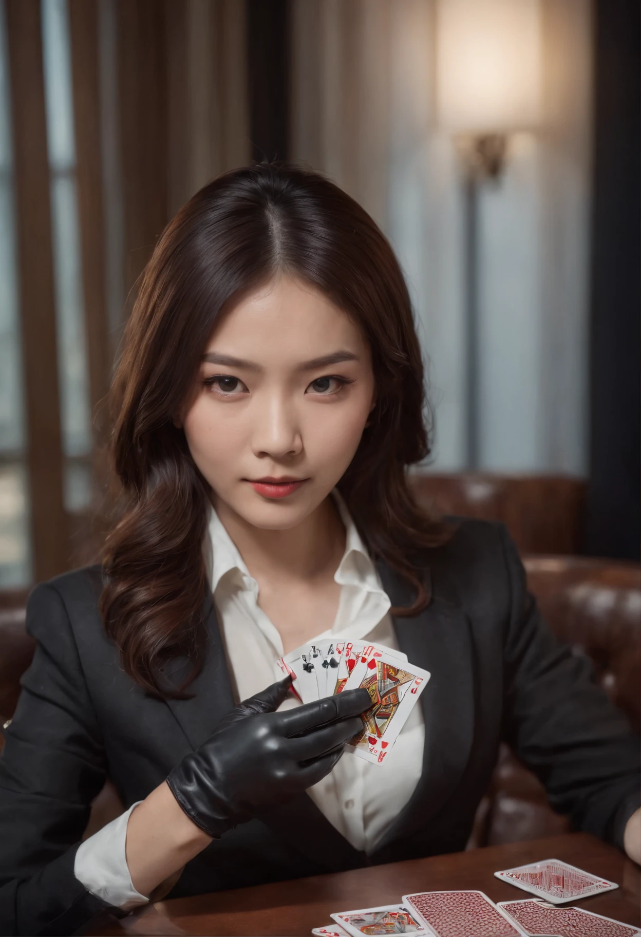 A young Japanese woman with a black suit up to a shirt and playing cards with black leather gloves on both hands