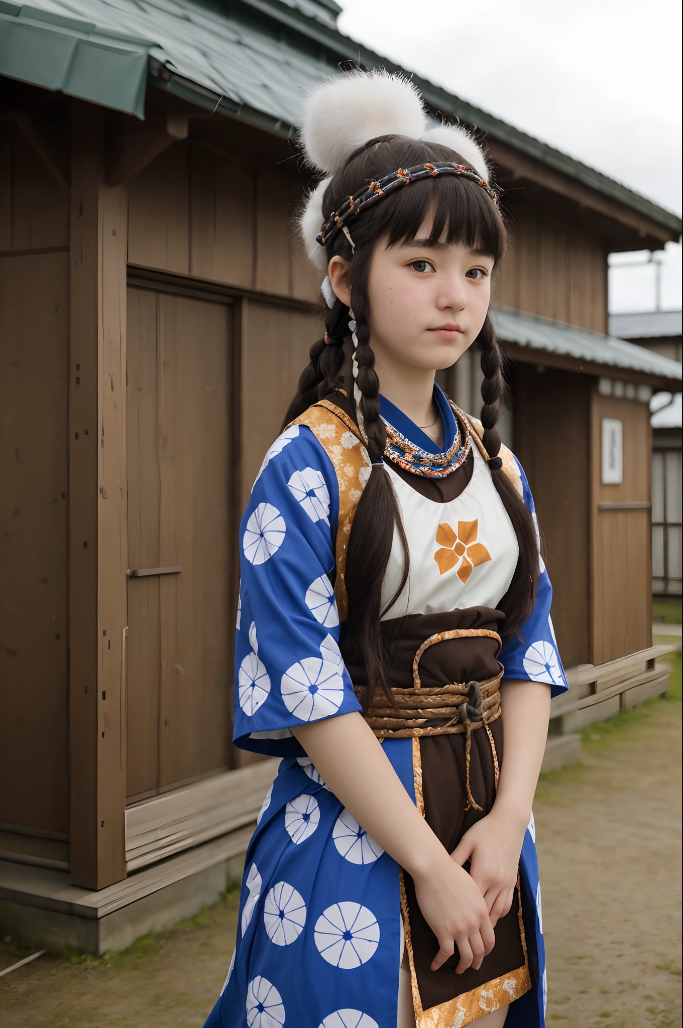 Cute Ainu -yeld wo in national costume, masutepiece, hyperdetails. Background of Hokkaido